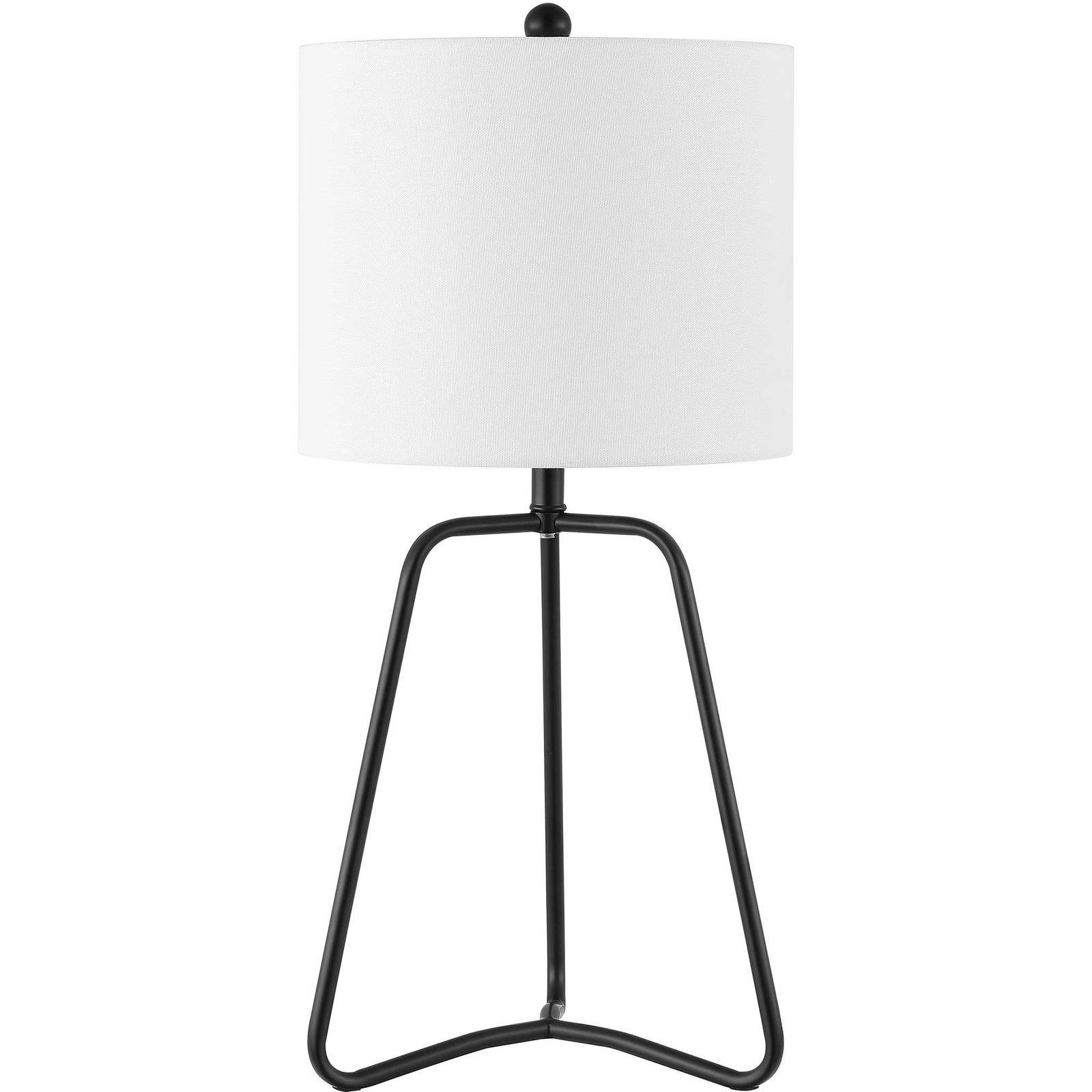 Black iron table lamp with a white fabric drum shade and open geometric base || TBL4498A || front_studio