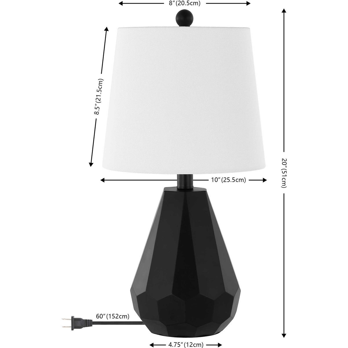 Size details: 20 in tall lamp with 10 in wide shade, 8.5 in shade height, and a 60 in cord. || TBL4499A || dimension_studio