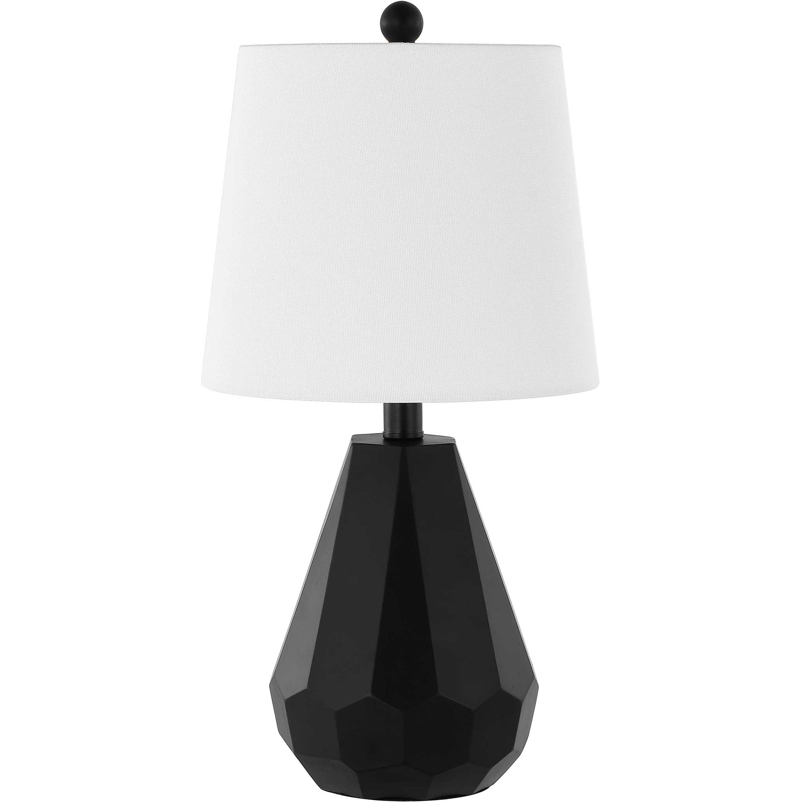 Black faceted resin table lamp with crisp white fabric shade and matching black finial. || TBL4499A || front_studio