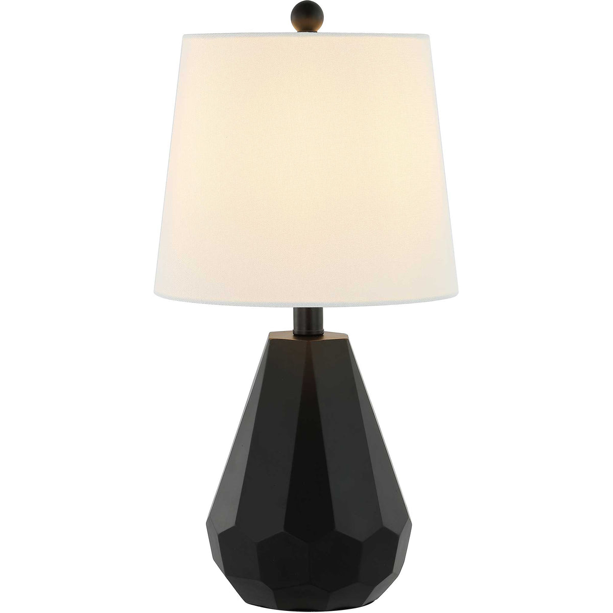 Warm glow softens the white shade atop a geometric black resin base for modern elegance. || TBL4499A || front_on_studio