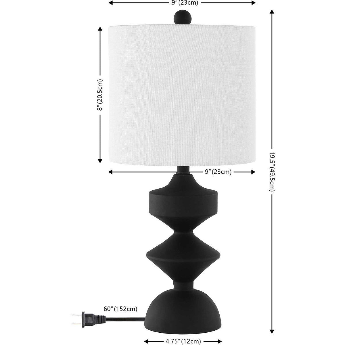 Key measurements: 19.5 inch tall lamp with 9 inch drum shade and 60 inch cord || TBL4501A || dimension_studio
