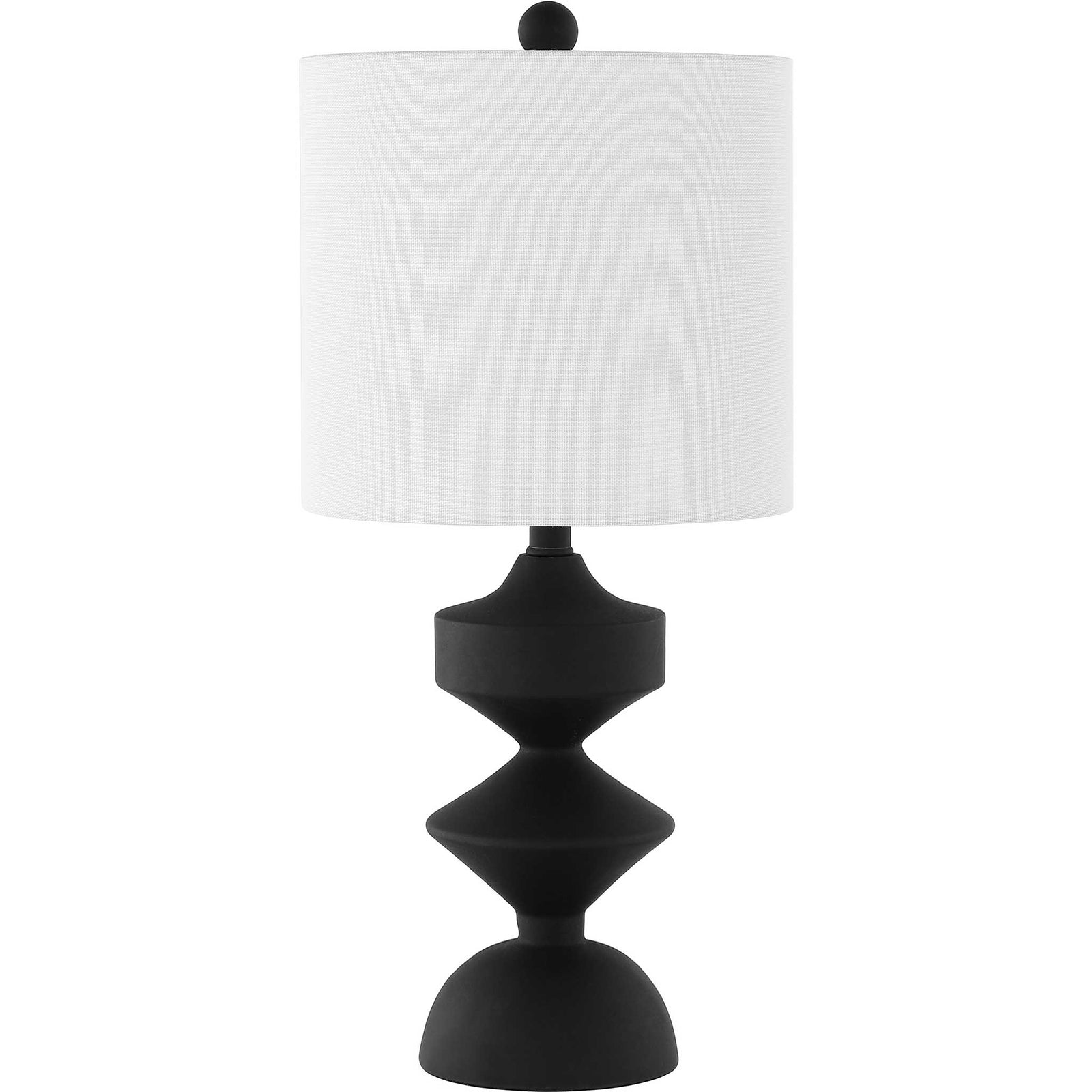 Sculptural black resin table lamp with crisp white drum shade and minimalist finial || TBL4501A || front_studio