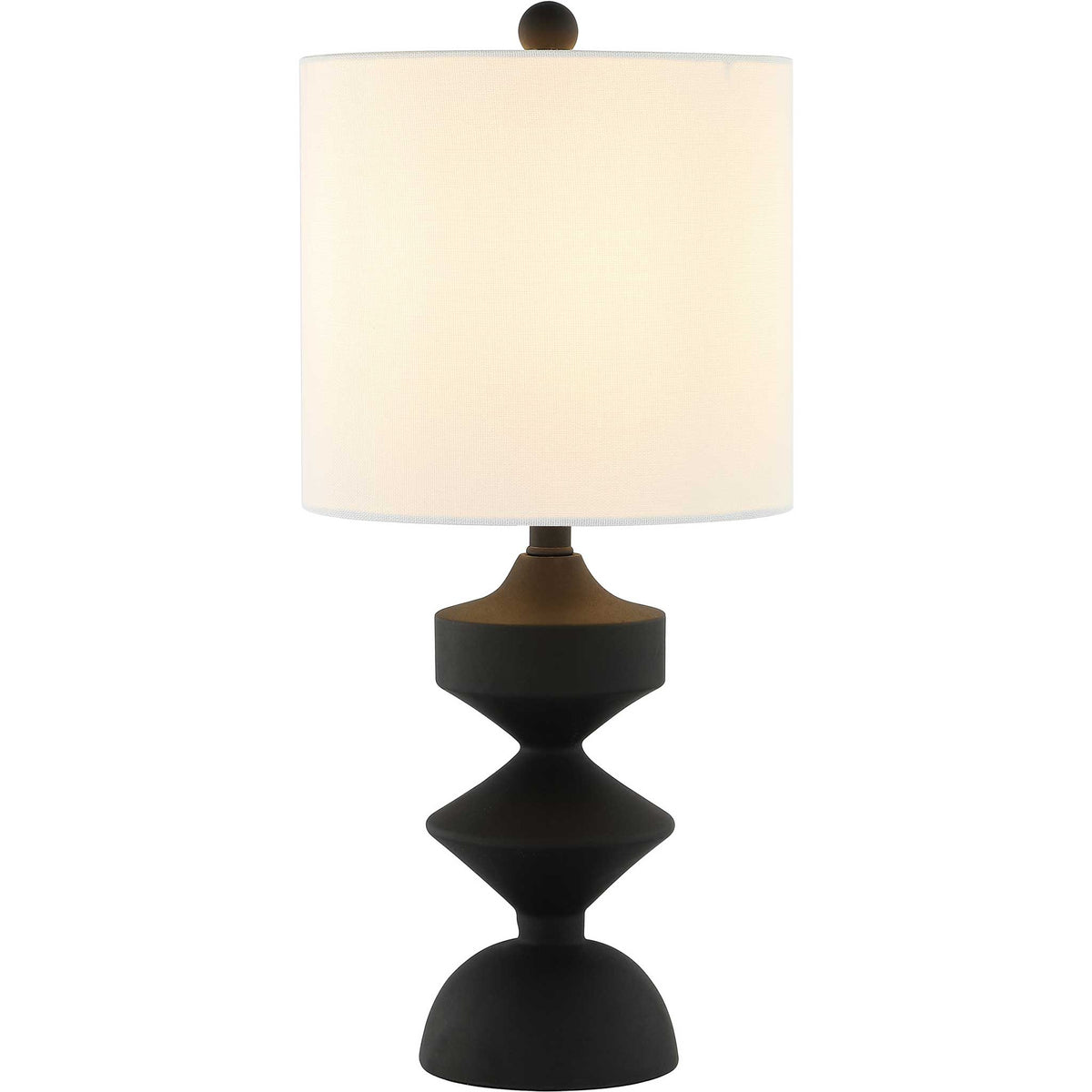 Black resin lamp with white drum shade casting a warm, inviting glow || TBL4501A || front_on_studio
