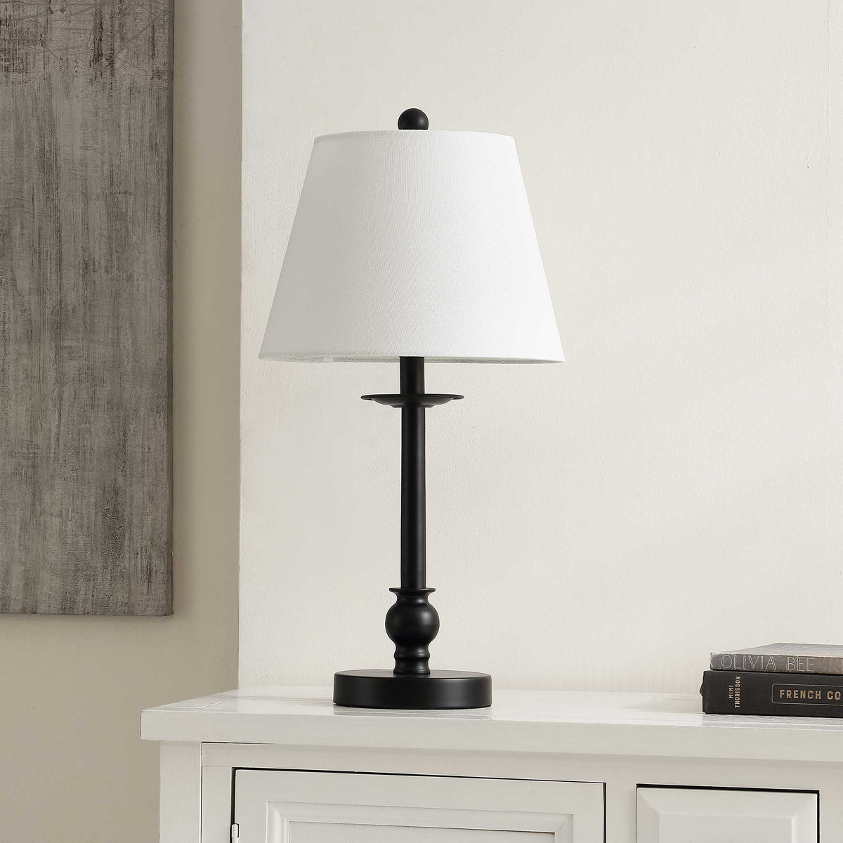Modern black table lamp with a clean white shade for effortless bedside or console styling || TBL4502A || front_room