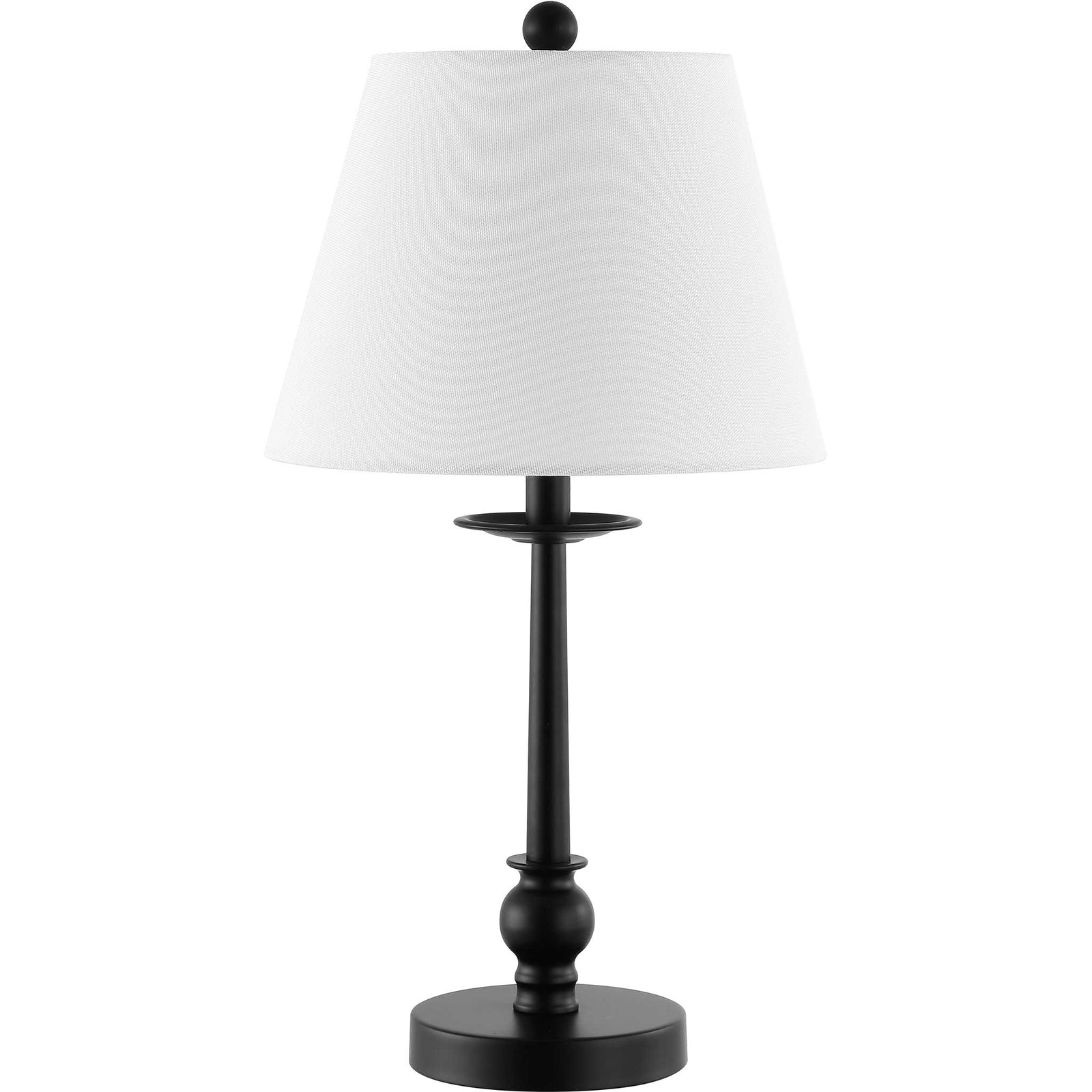 Sleek black iron table lamp with a crisp white fabric shade and a round pedestal base || TBL4502A || front_studio