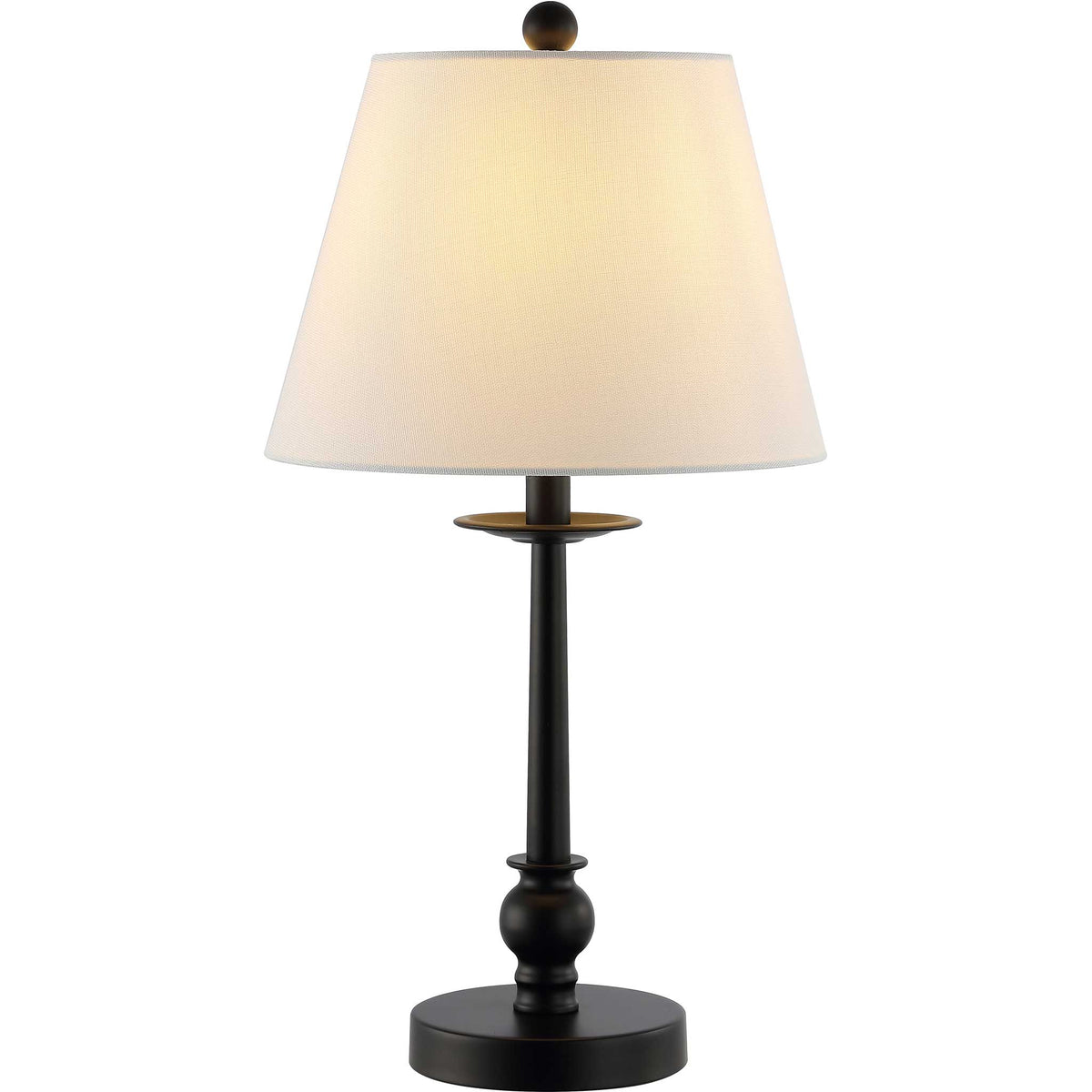 Black iron table lamp with white shade casting a warm, inviting glow || TBL4502A || front_on_studio