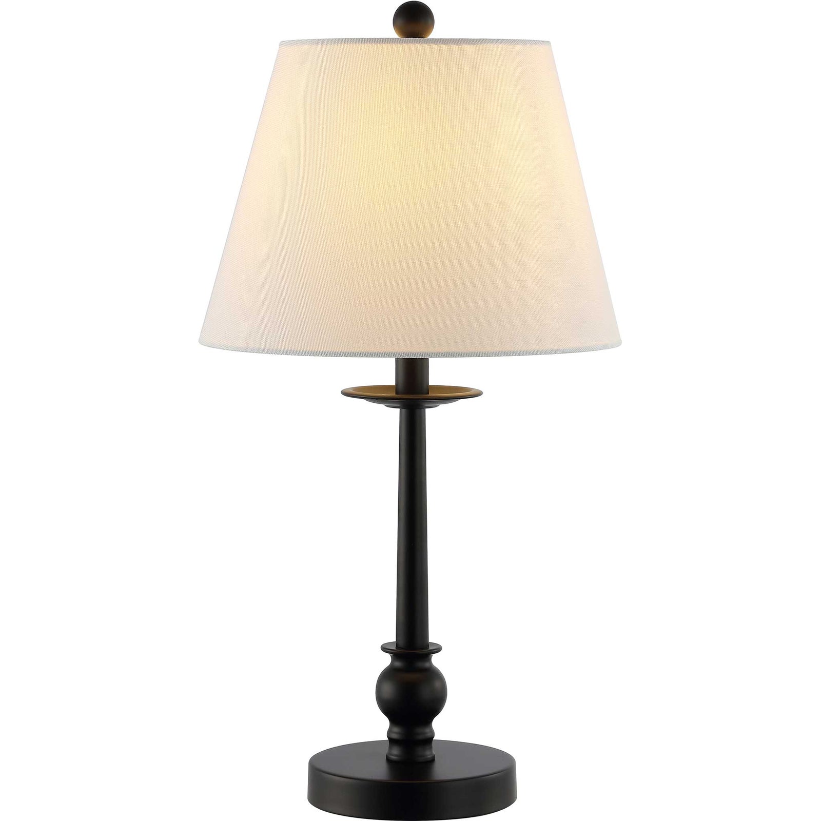Sleek black iron table lamp with a crisp white fabric shade and a round pedestal base || TBL4502A || front_studio