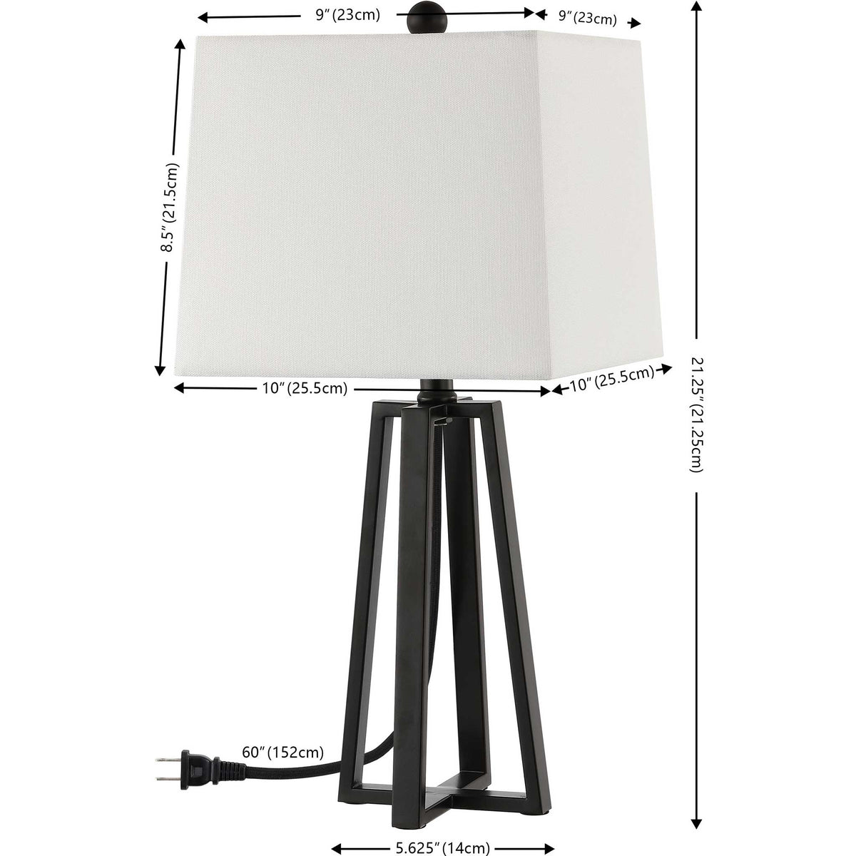 Compact modern table lamp with geometric black iron base and clean white shade; proportioned for end tables. || TBL4505A || dimension_studio