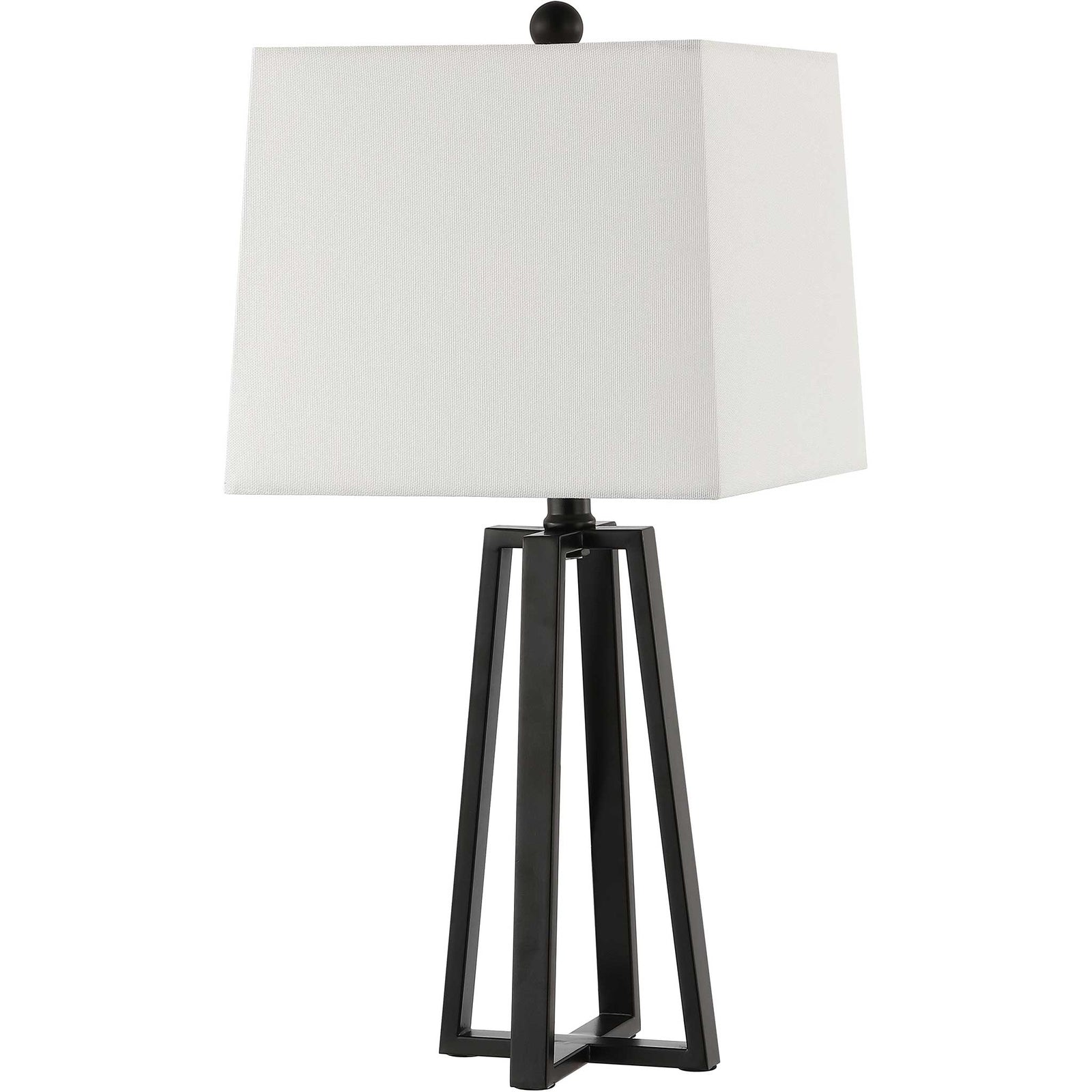 Black iron lamp with open-frame base and crisp white shade for sleek, modern tabletop lighting. || TBL4505A || front_angle_studio
