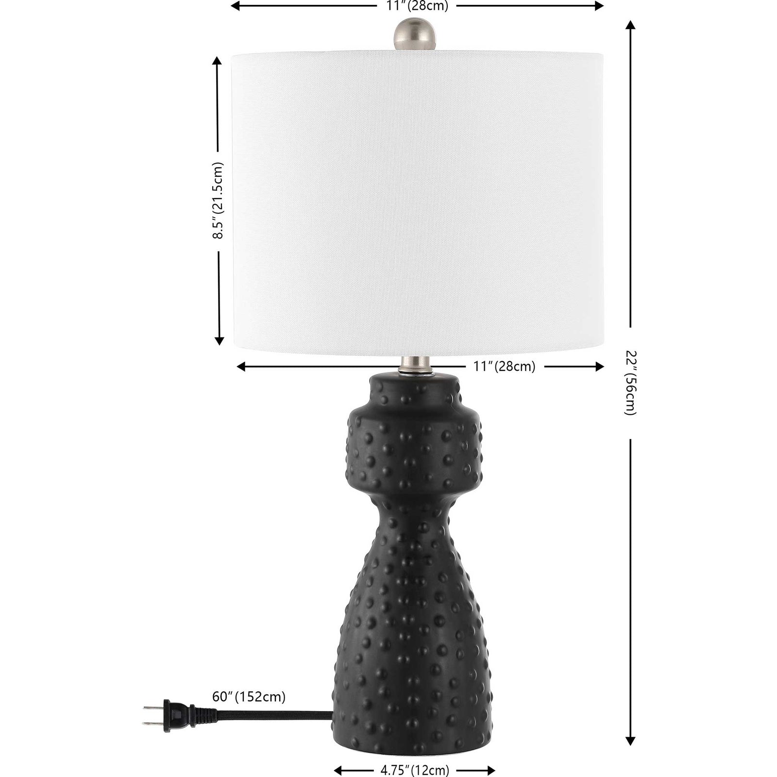 Dimensions of the 22-inch lamp with 11-inch white drum shade and textured black ceramic base || TBL4511A || dimension_studio