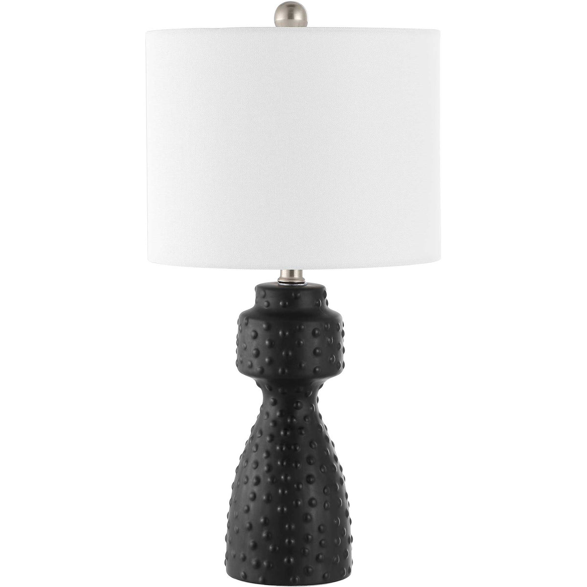 Textured black ceramic base with raised dots, white drum shade, and subtle nickel accents || TBL4511A || front_studio