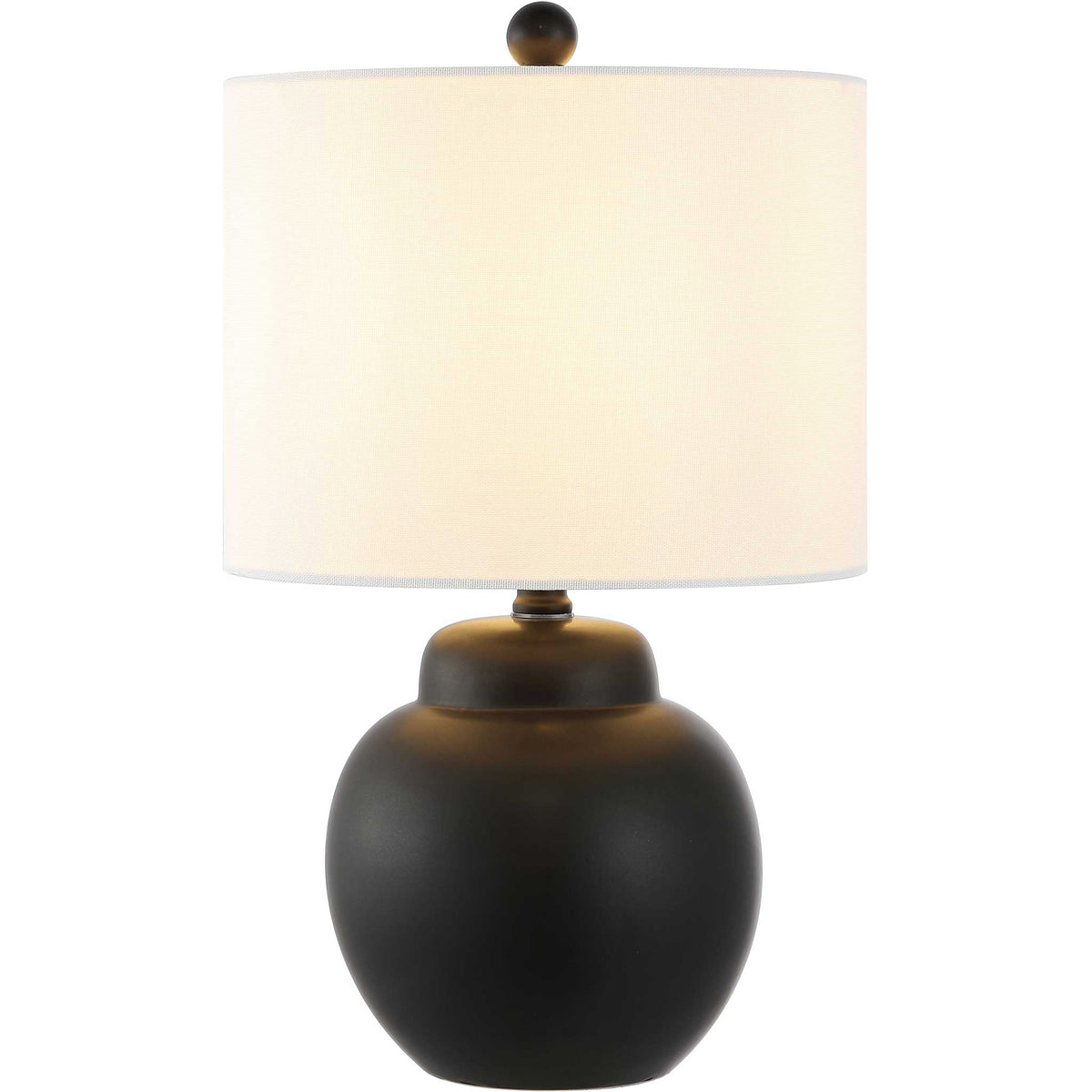 Warmly lit table lamp with matte black ceramic base and soft-glow white drum shade || TBL4513A || front_on_studio