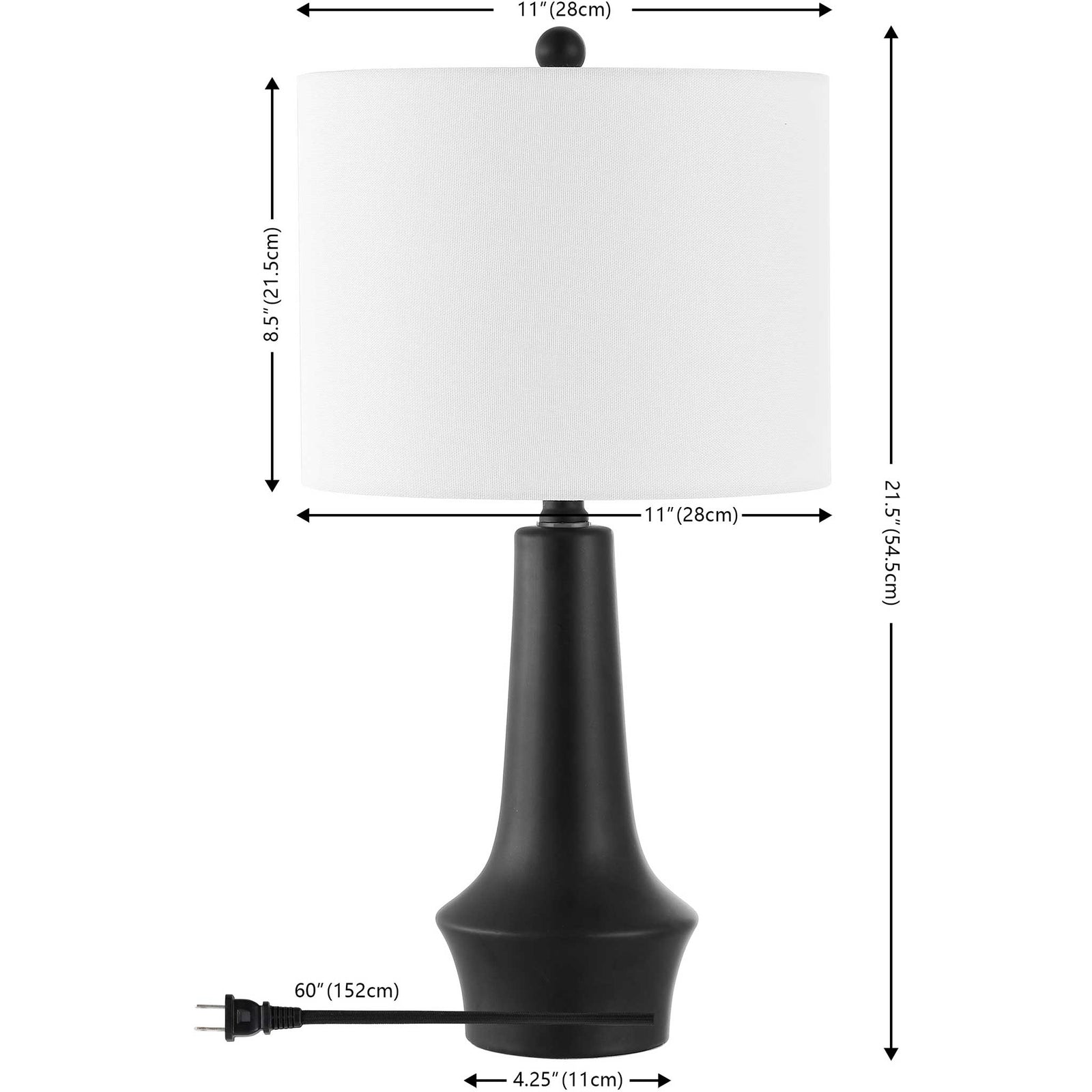 Compact 21.5-inch table lamp with a sleek black ceramic base and balanced white drum shade. || TBL4514A || dimension_studio