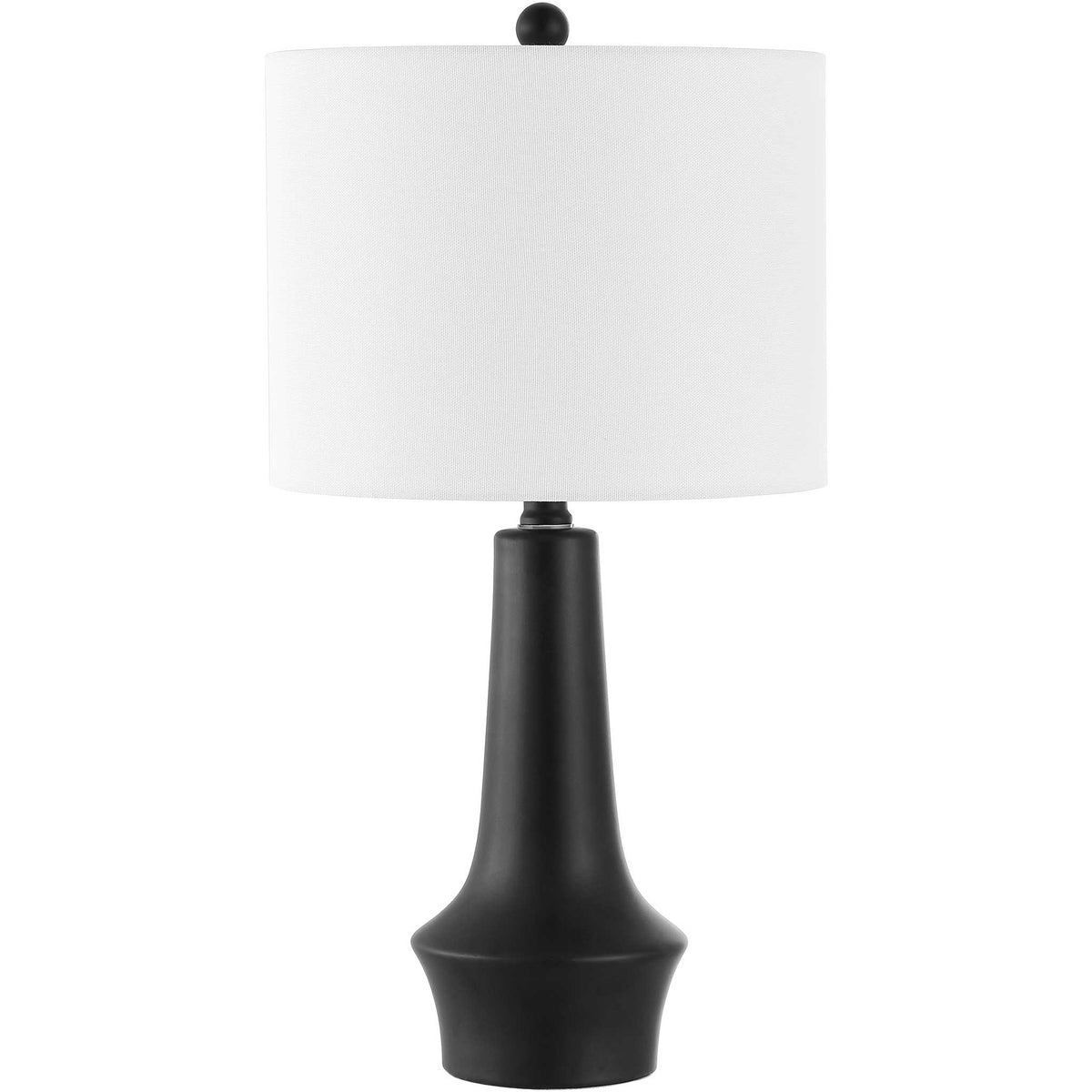 Black ceramic table lamp with a crisp white fabric drum shade and sculpted modern profile. || TBL4514A || front_studio