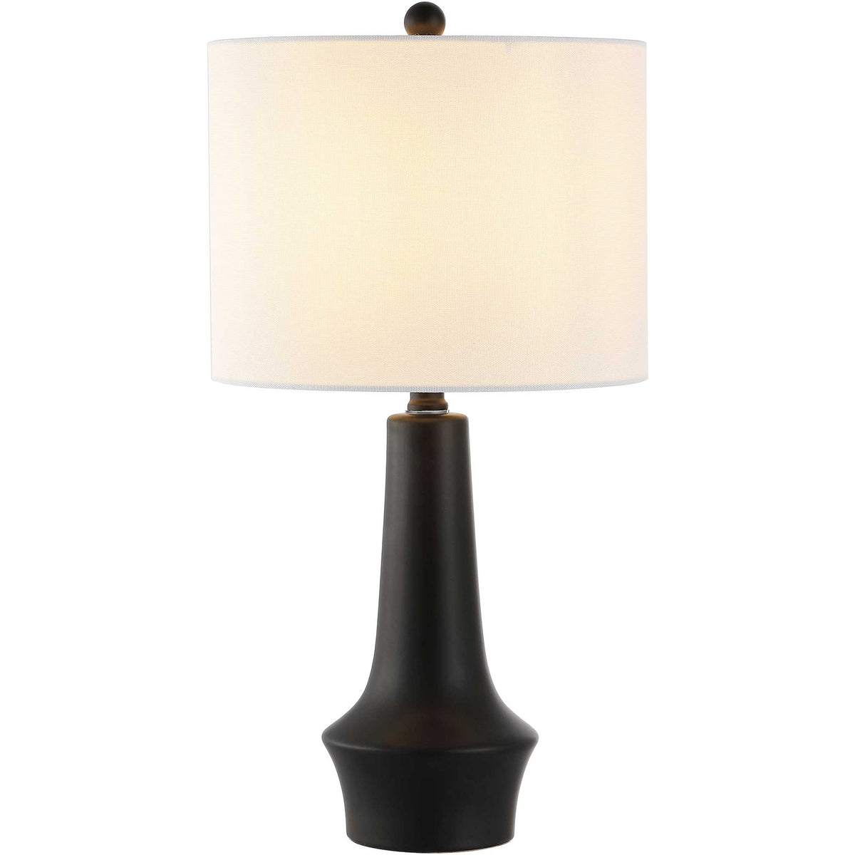 Warmly lit black ceramic lamp showcasing its smooth matte finish and bright white shade. || TBL4514A || front_on_studio