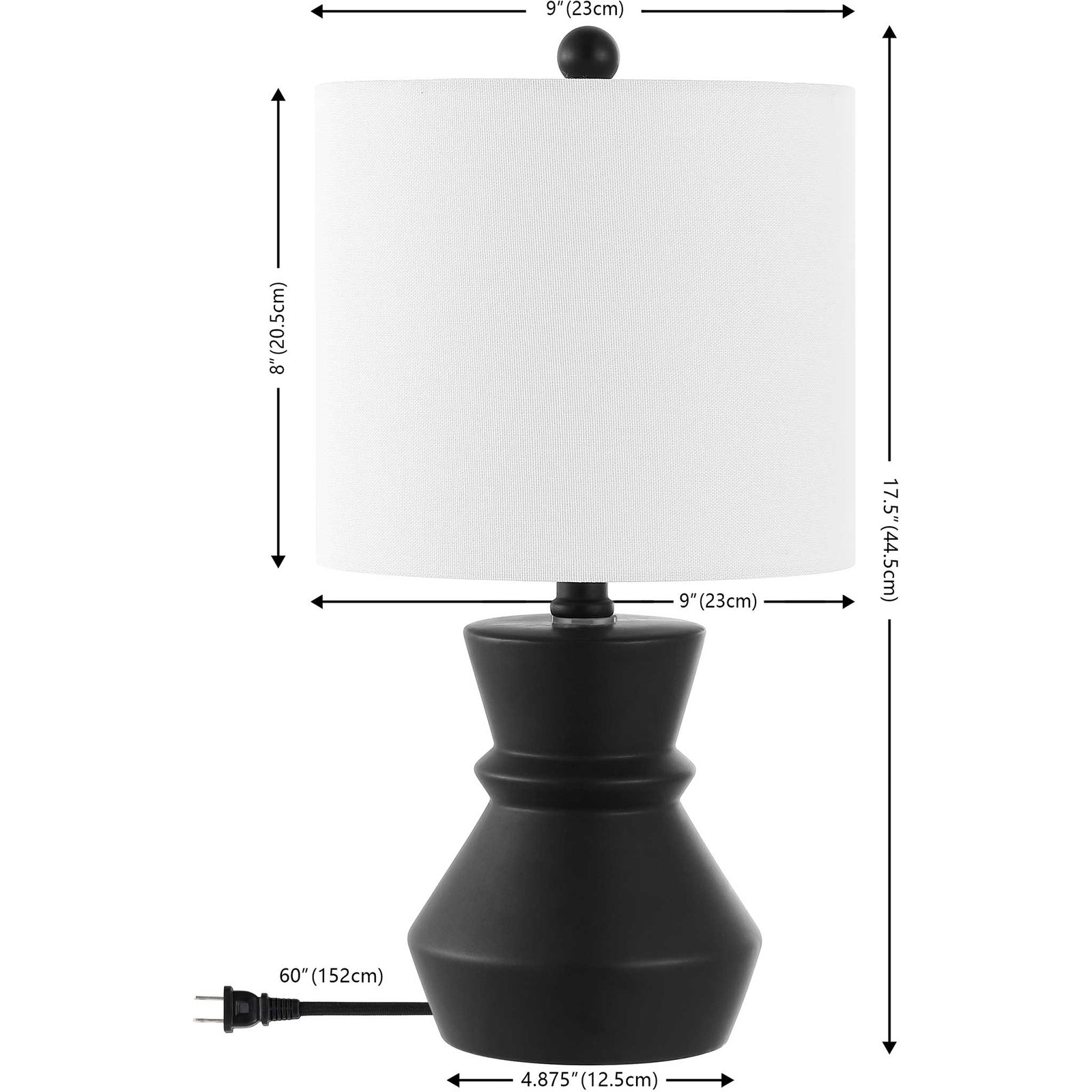 Compact 17.5 inch table lamp with black ceramic base and white shade, ideal for desks and nightstands. || TBL4515A || dimension_studio