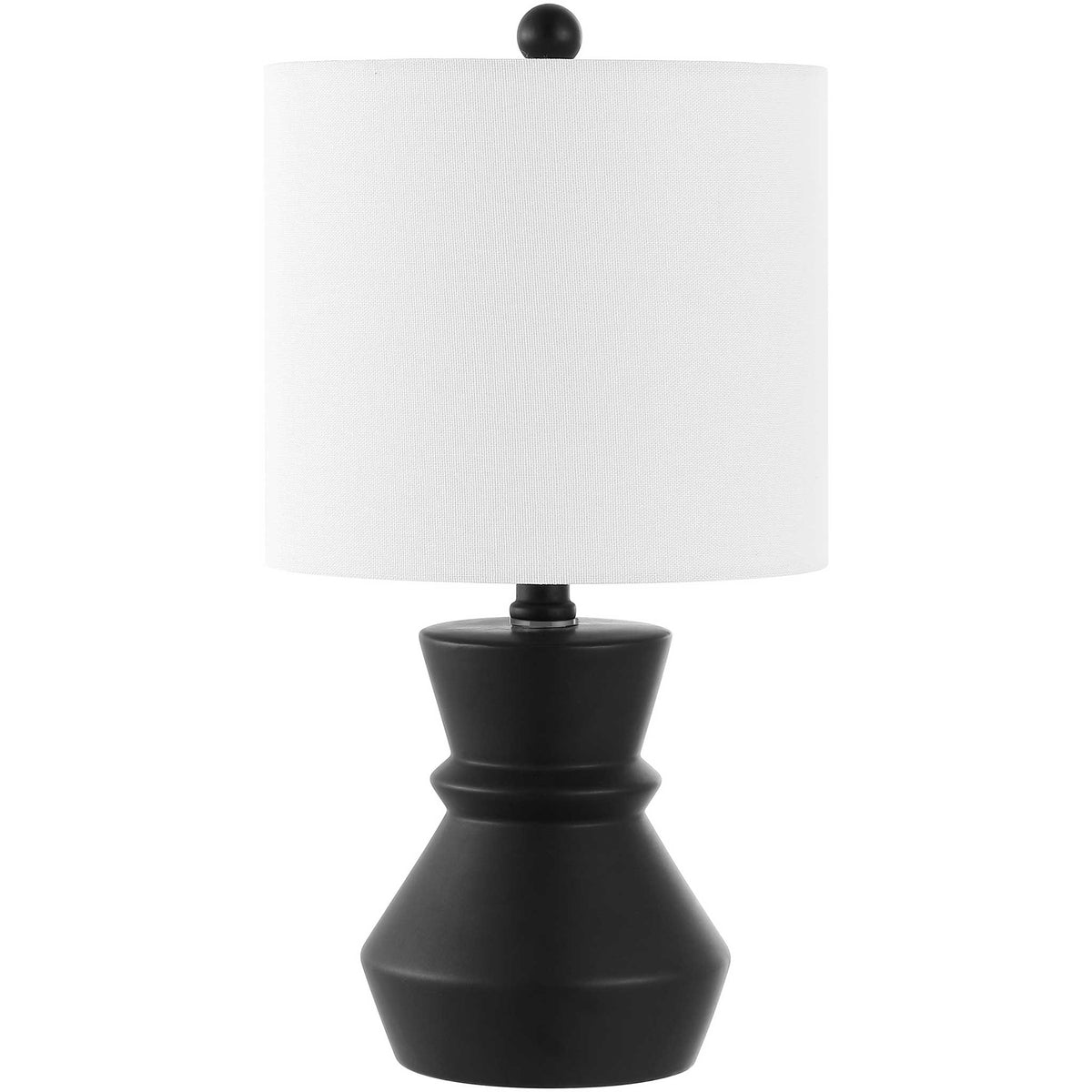 Black ceramic table lamp with architectural silhouette and white fabric drum shade. || TBL4515A || front_studio