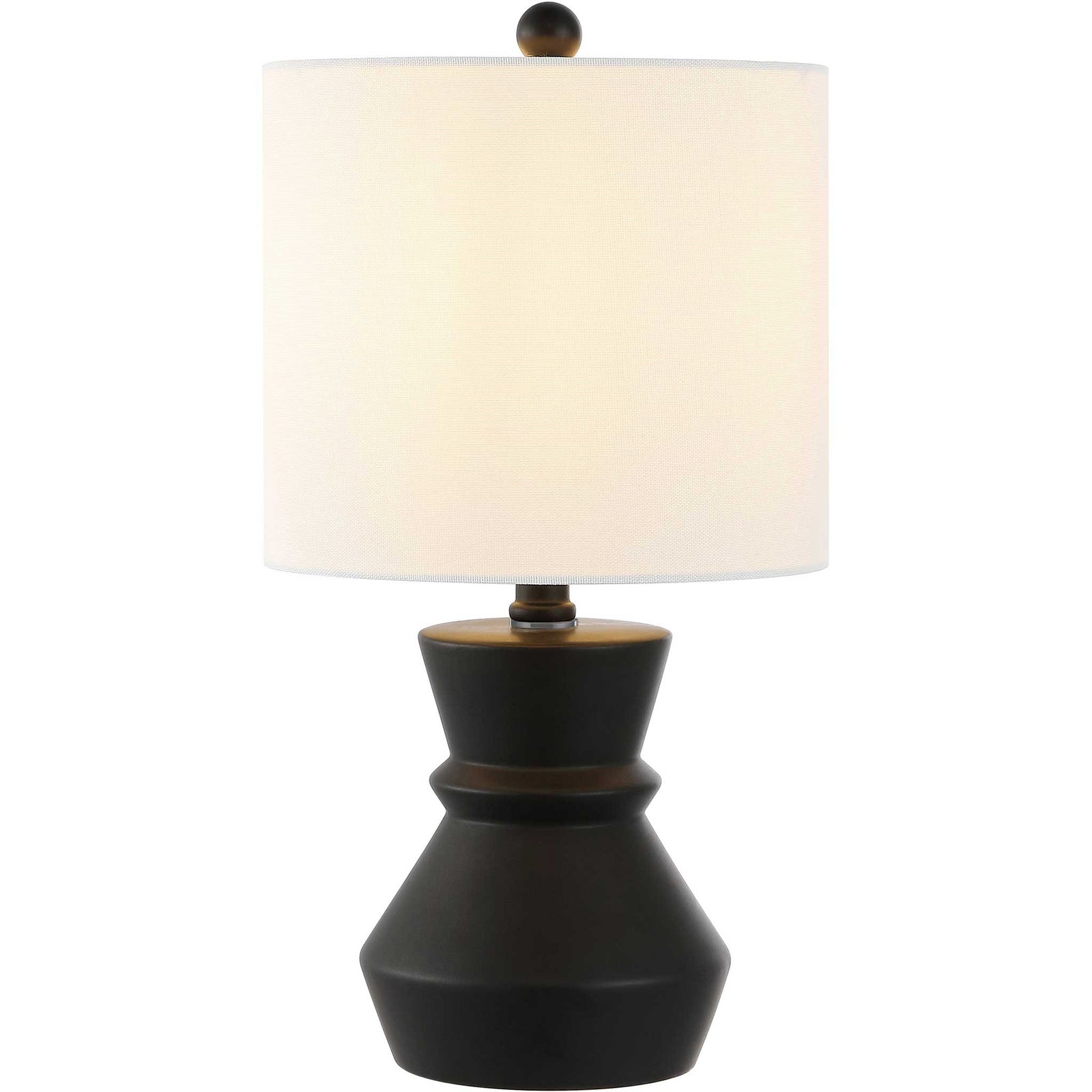 Black ceramic table lamp with architectural silhouette and white fabric drum shade. || TBL4515A || front_studio