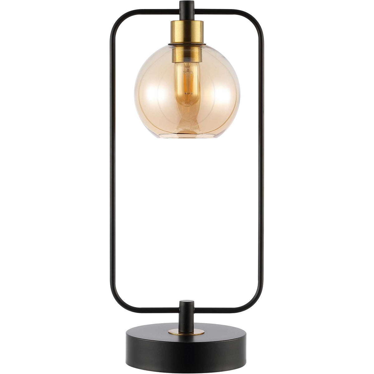 Sleek black iron frame cradles an amber glass globe with brass accents for modern warmth || TBL4524A || front_studio