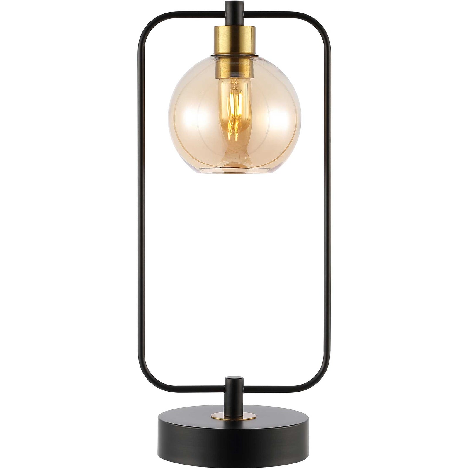 Sleek black iron frame cradles an amber glass globe with brass accents for modern warmth || TBL4524A || front_studio