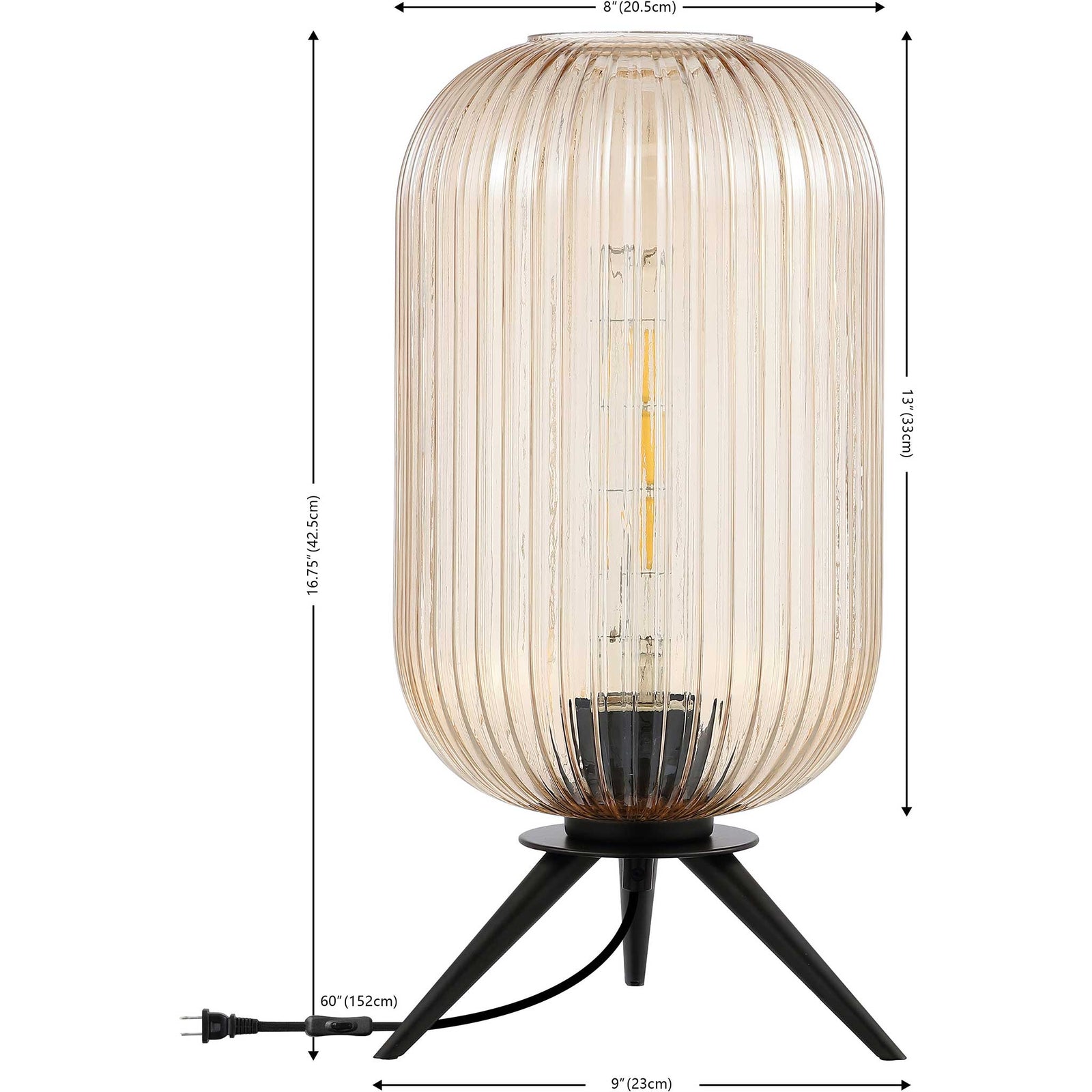 Tall cylindrical table lamp with fluted amber glass and compact tripod base, ideal for side tables. || TBL4528A || dimension_studio