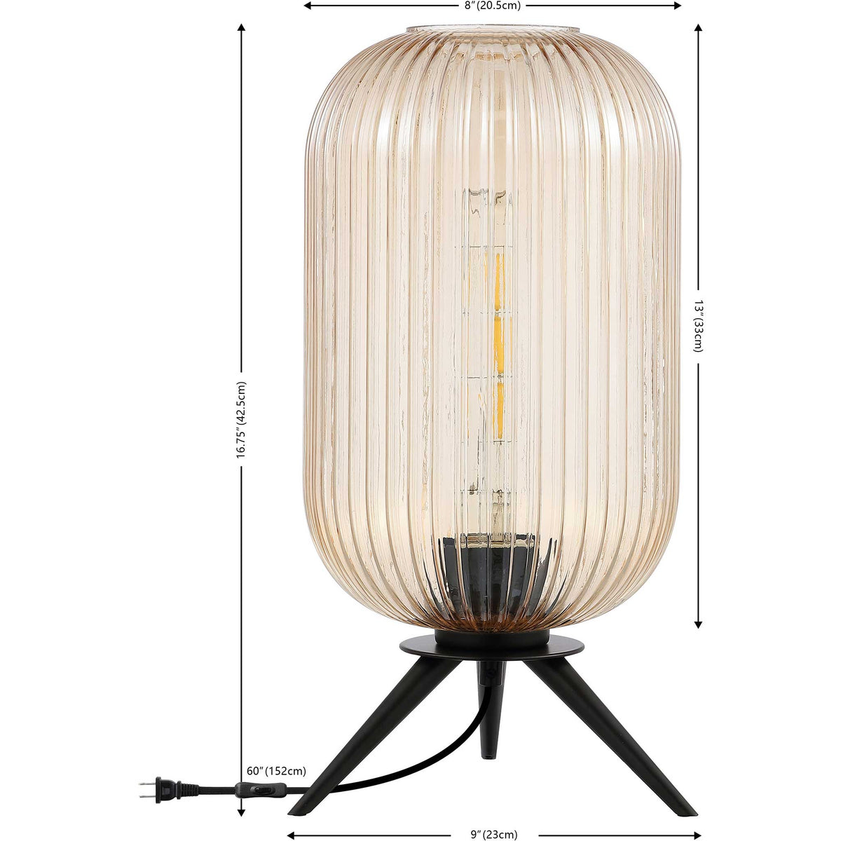 Tall cylindrical table lamp with fluted amber glass and compact tripod base, ideal for side tables. || TBL4528A || dimension_studio