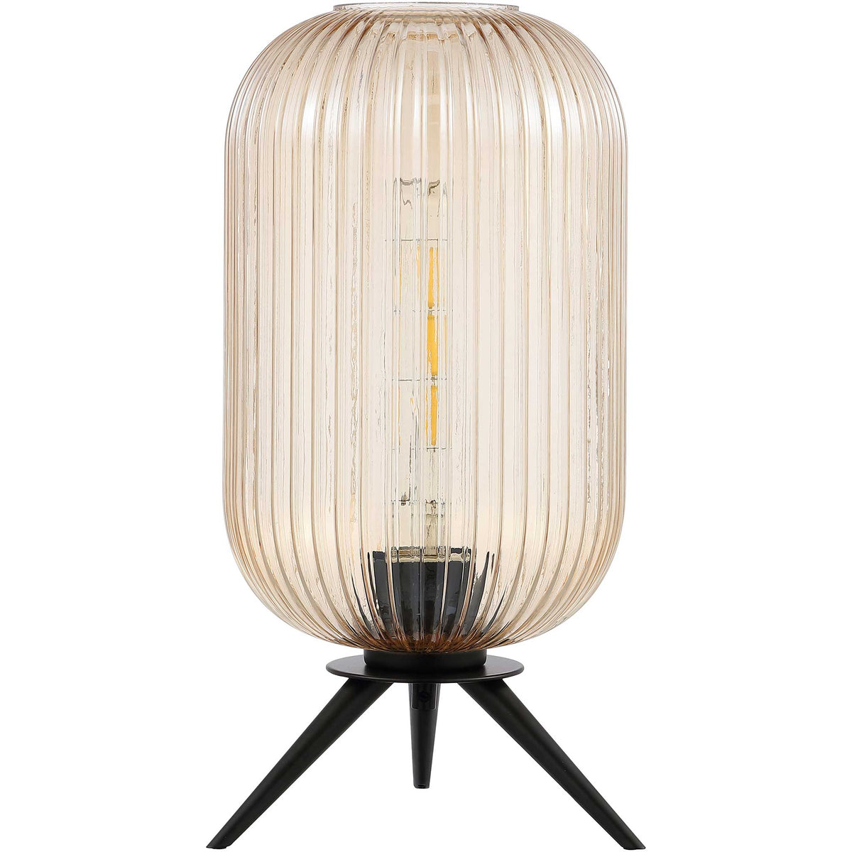 Amber ribbed glass lamp with sleek black tripod base for a refined modern accent. || TBL4528A || front_studio