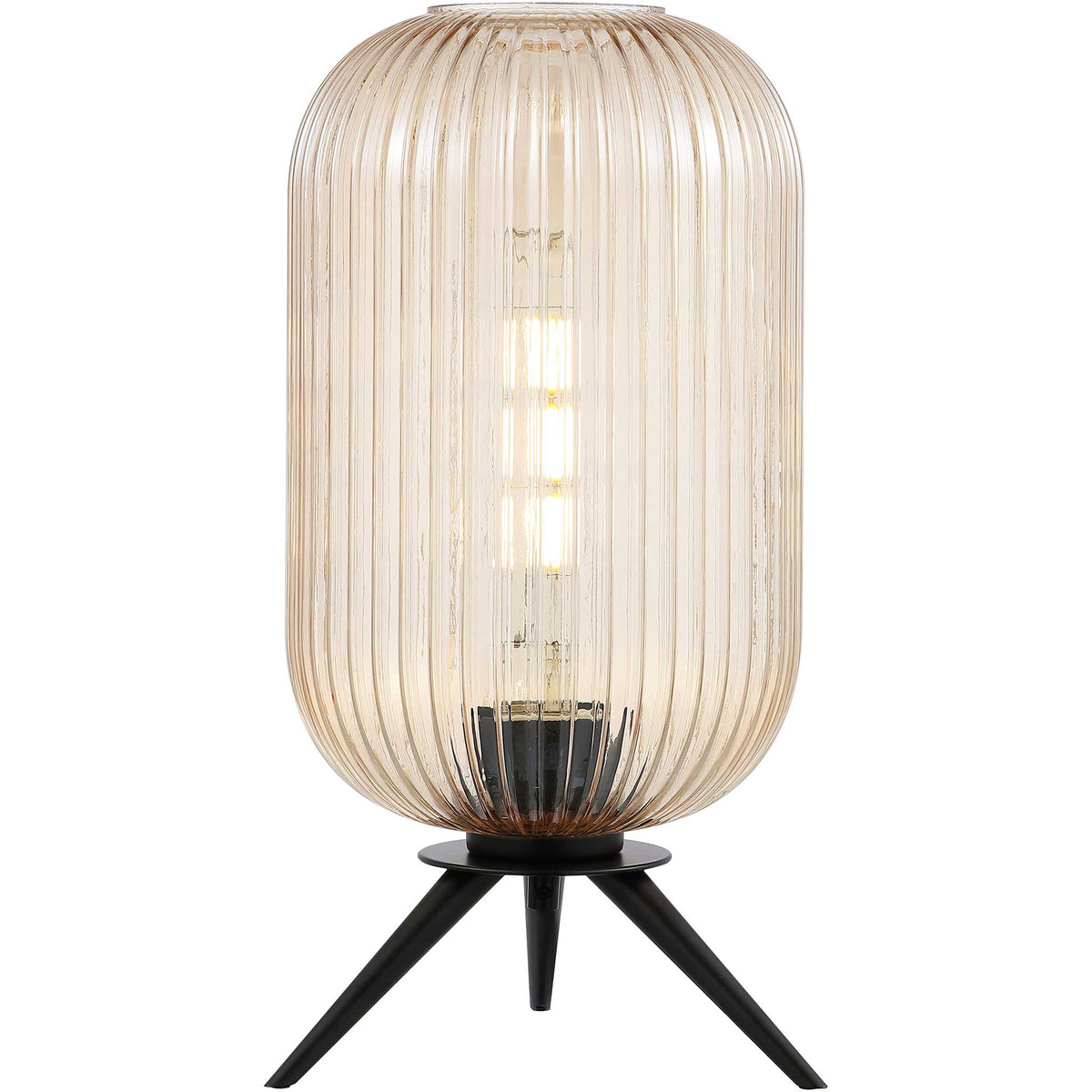 Warm amber glow radiates through fluted glass, perched on a matte black tripod base. || TBL4528A || front_on_studio