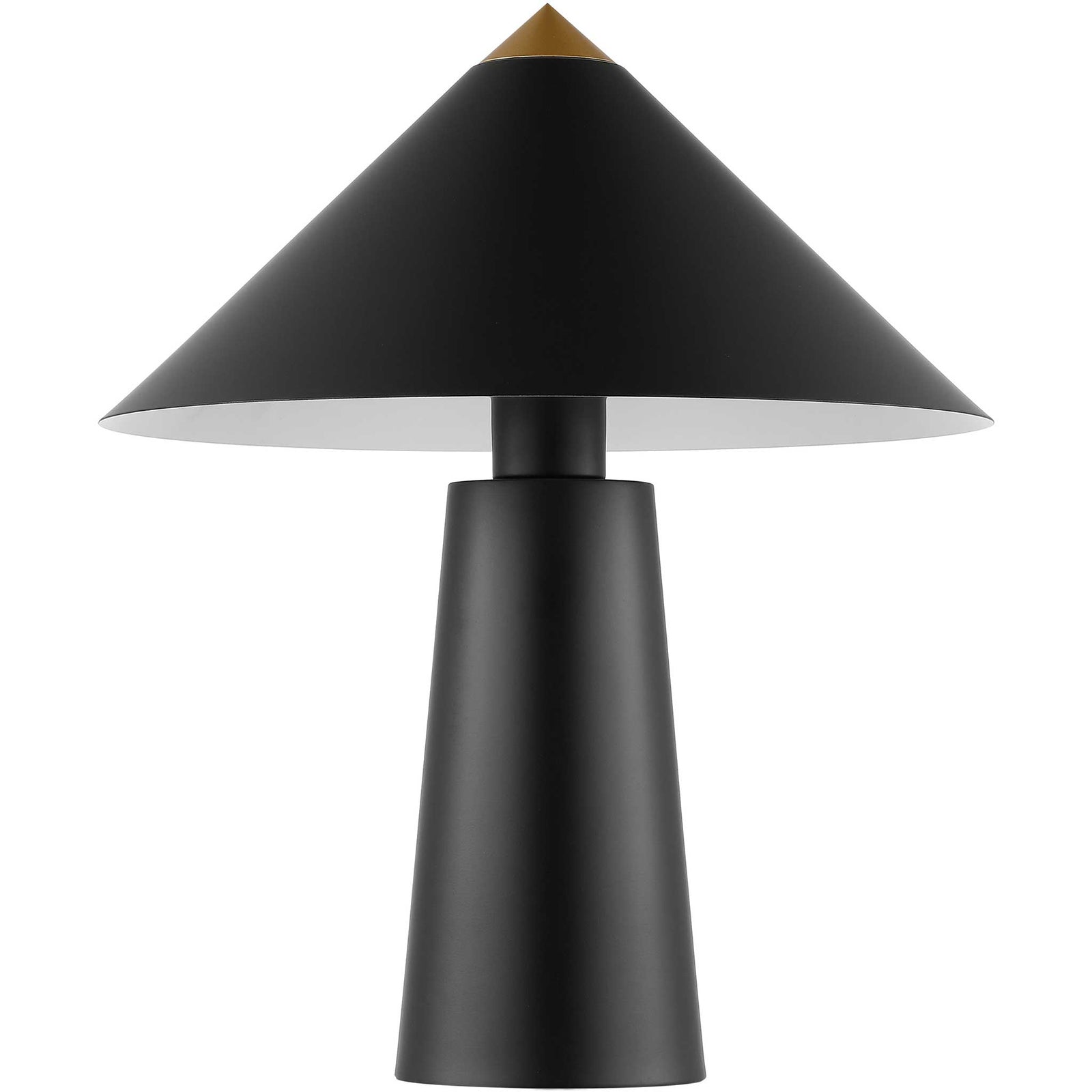 Modern black and gold table lamp with wide metal shade and crisp tapered base. || TBL4531A || front_studio