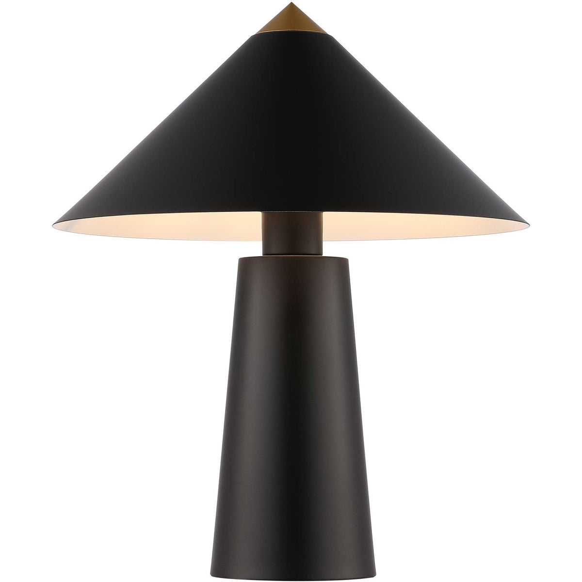 Warm glow highlights the black cone shade and brass accents for a sleek, contemporary look. || TBL4531A || front_on_studio