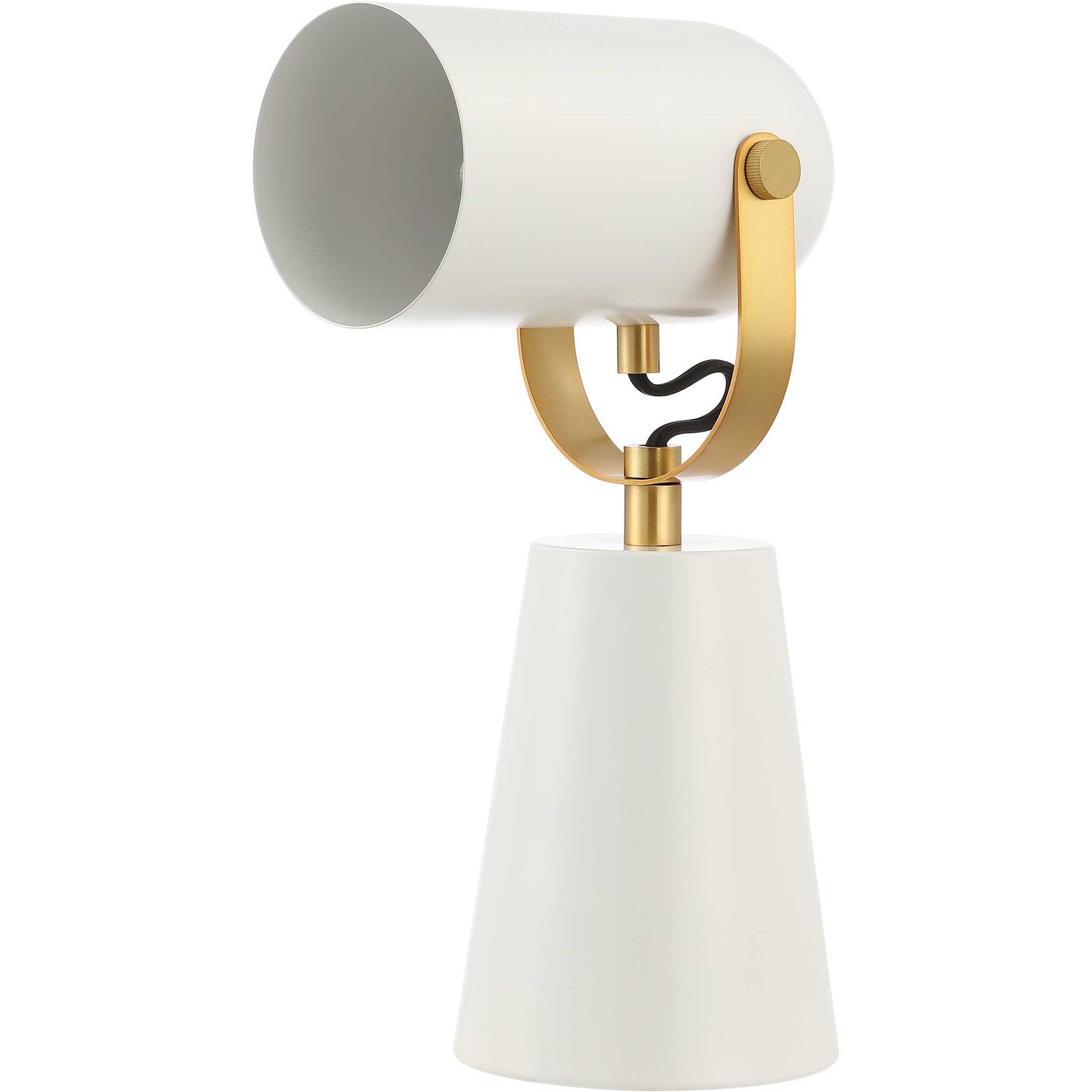 White cylinder shade on a brass yoke above a tapered base for a crisp, modern silhouette || TBL4532A || front_angle_studio