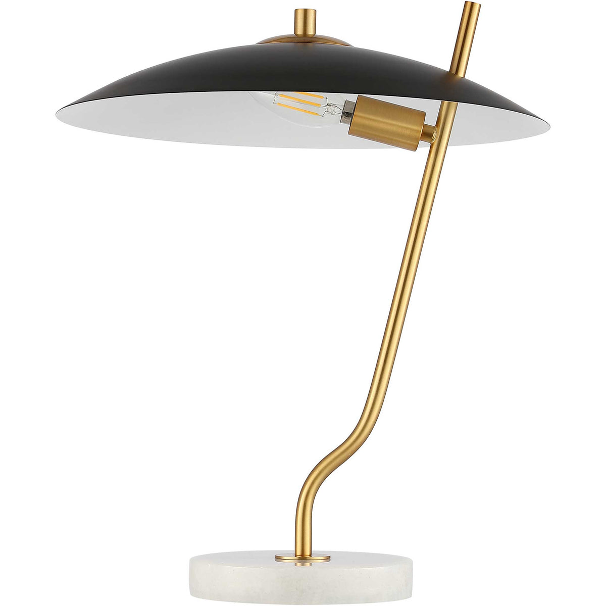 Sleek black metal shade with brass arm and a round white marble base adds modern flair. || TBL4538A || front_angle_studio