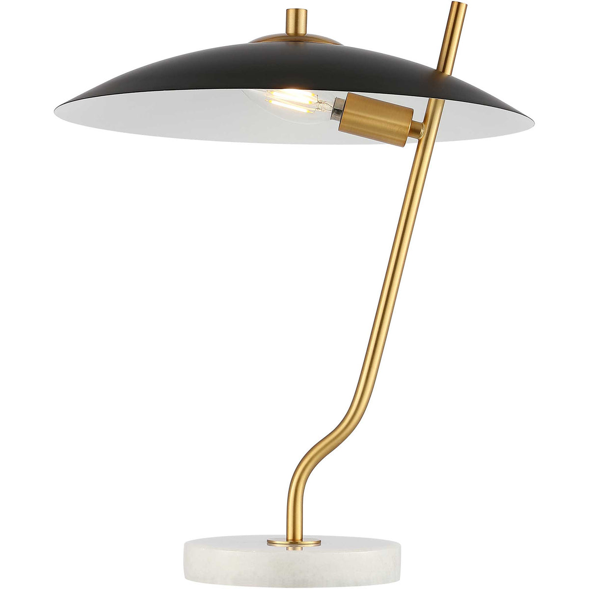 Warm glow beneath a wide black shade highlights the brass arm and solid white marble base. || TBL4538A || front_angle_on_studio