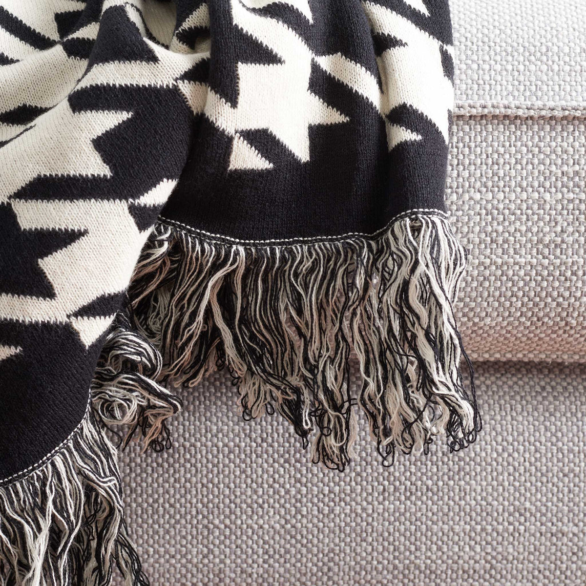 Two-tone tassel fringe and tightly woven cotton knit in black and ivory