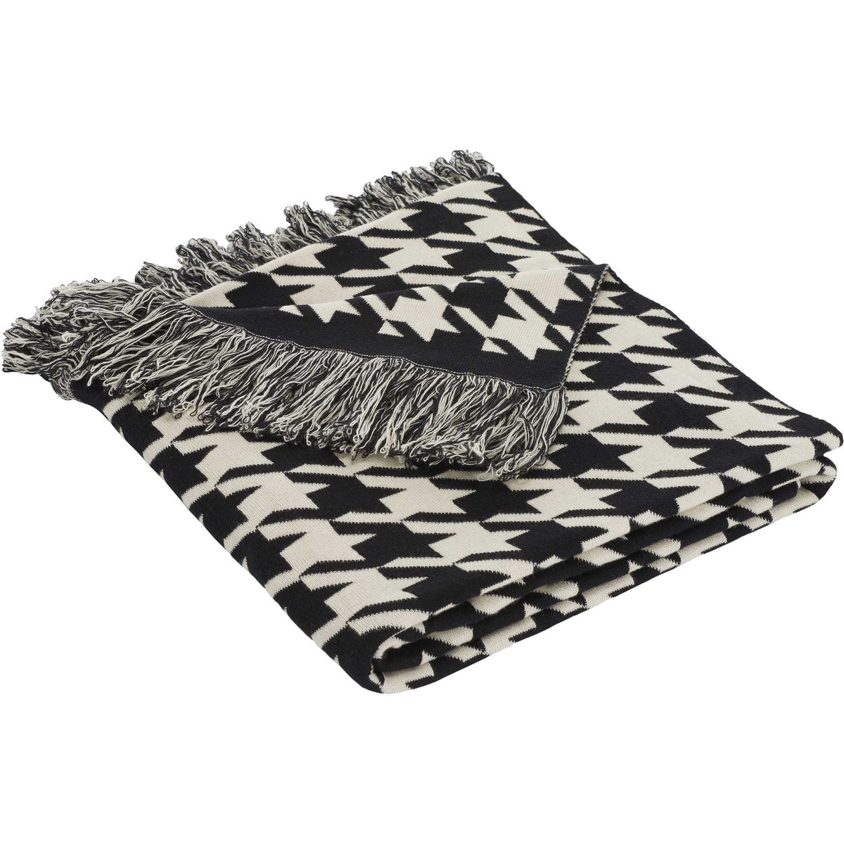 Black and ivory geometric cotton throw with soft knit texture and twisted fringe || THR400A-5060 || front_angle_studio