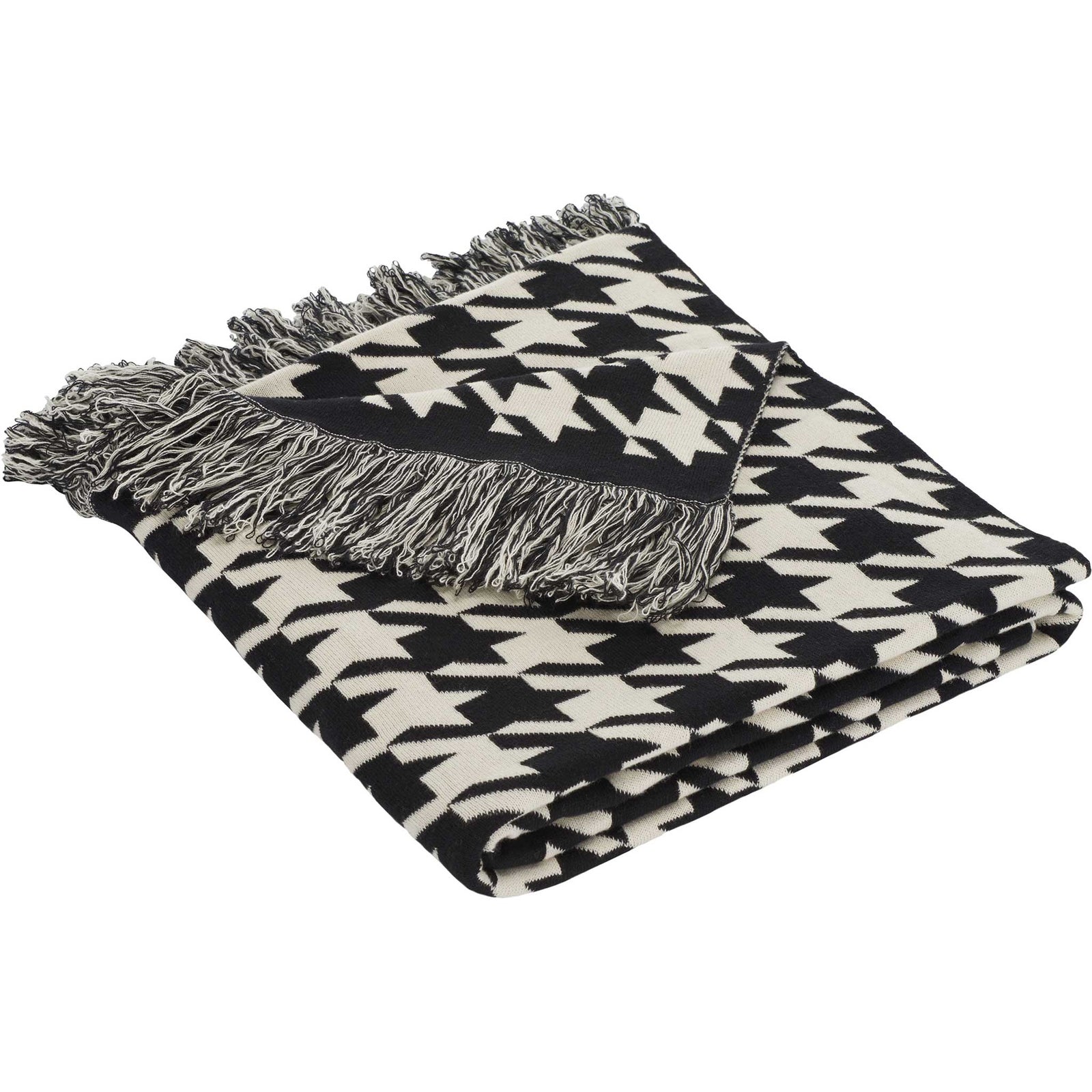 Black and ivory geometric cotton throw with soft knit texture and twisted fringe || THR400A-5060 || front_angle_studio