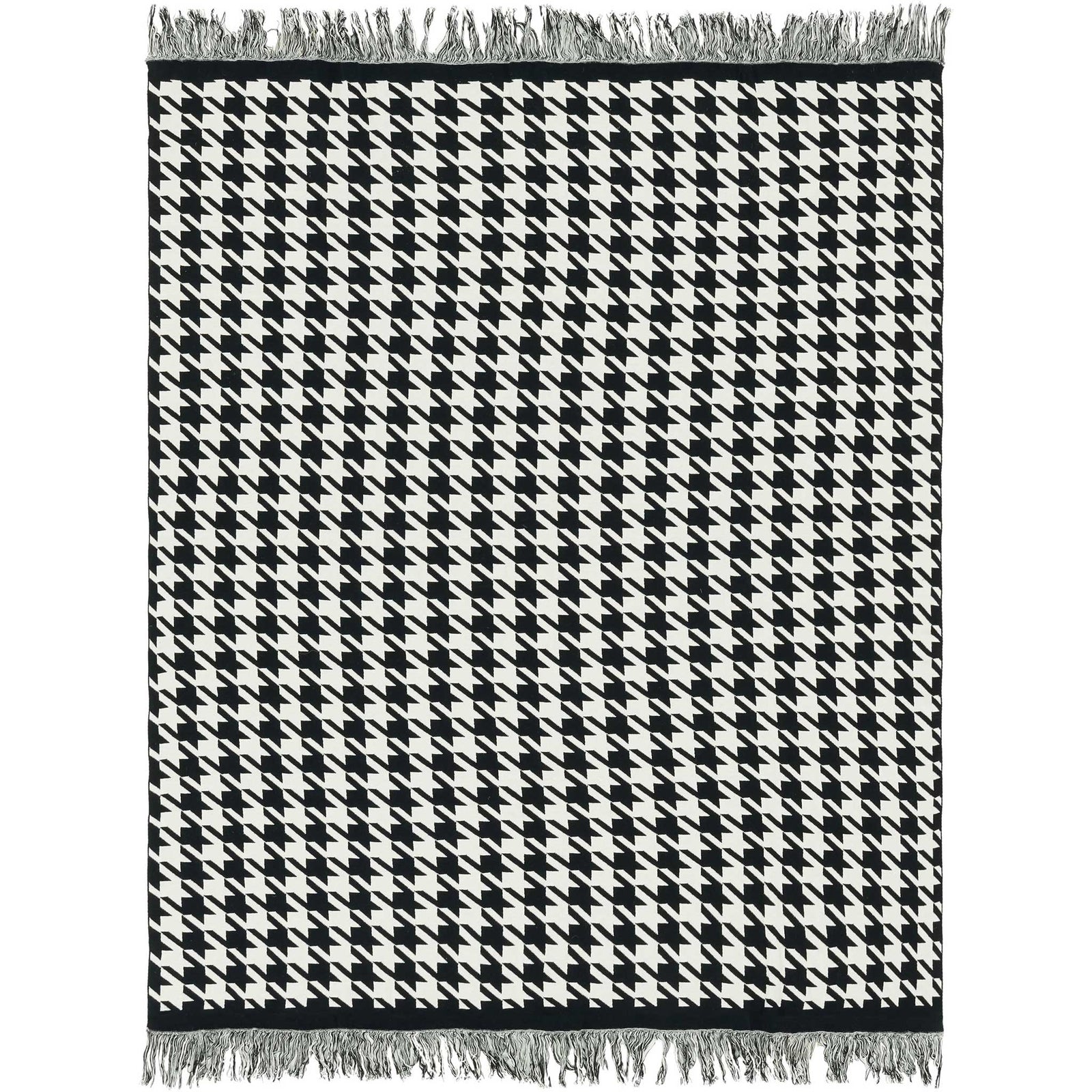 Black and ivory geometric cotton throw with soft knit texture and twisted fringe || THR400A-5060 || front_angle_studio
