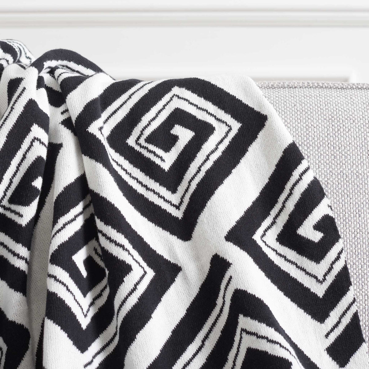 Crisp spiral pattern and soft knit texture in black and ivory for a striking, graphic look.
