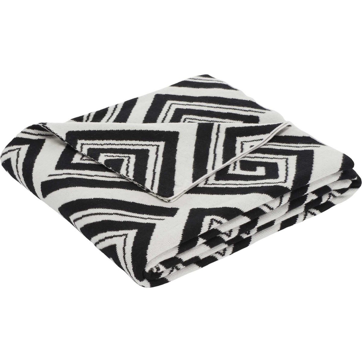 Bold black-and-ivory geometric throw, neatly folded to showcase its spiral pattern. || THR403A-5060 || front_angle_studio
