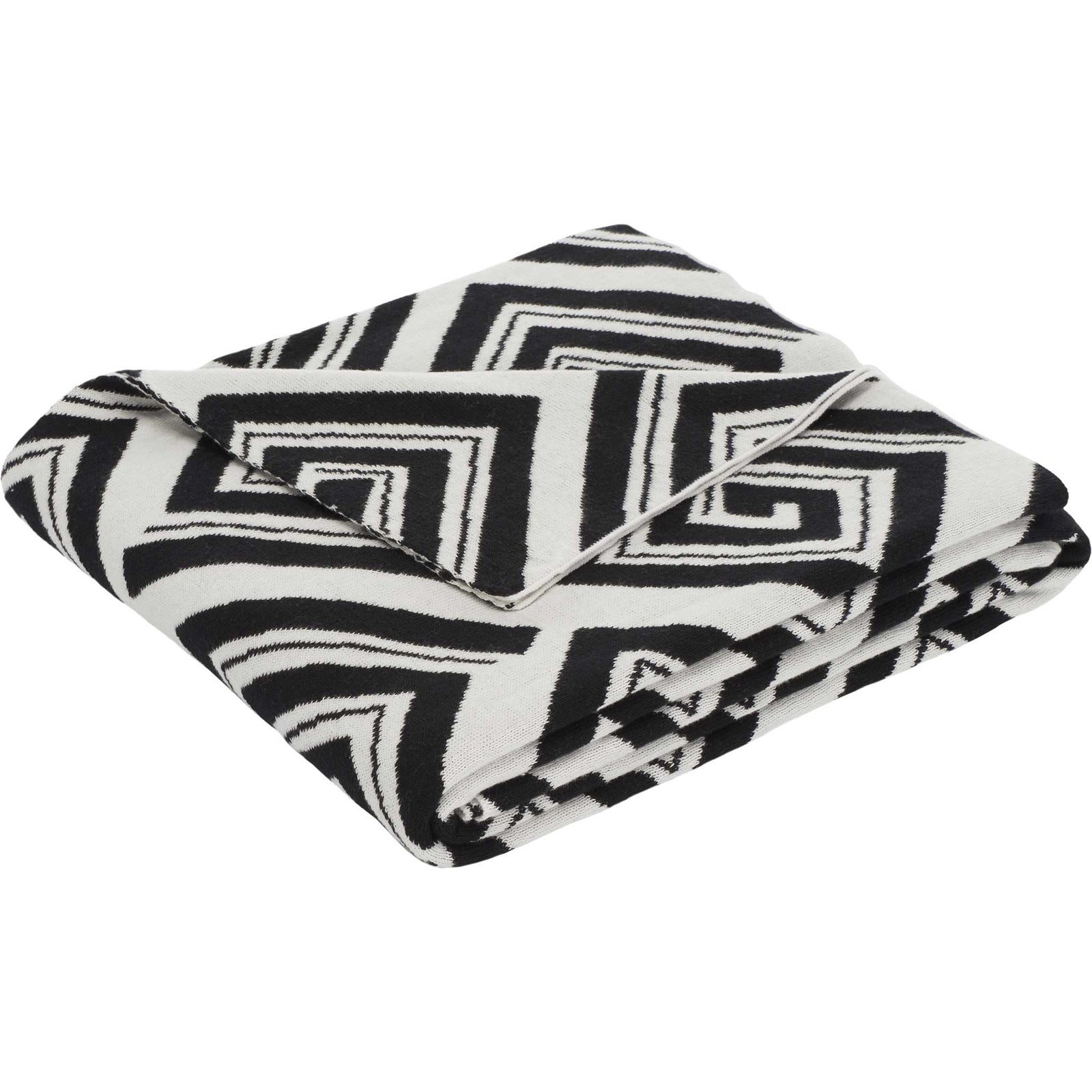 Bold black-and-ivory geometric throw, neatly folded to showcase its spiral pattern. || THR403A-5060 || front_angle_studio