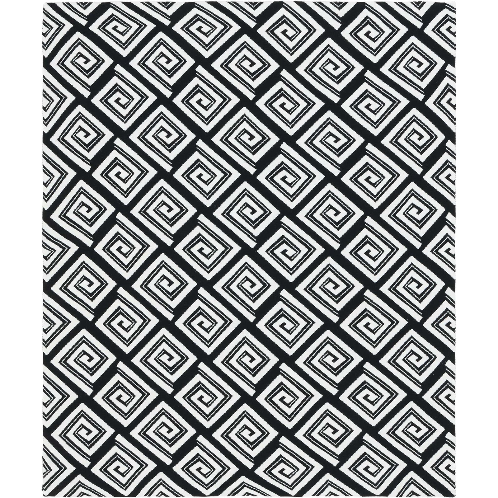 Bold black-and-ivory geometric throw, neatly folded to showcase its spiral pattern. || THR403A-5060 || front_angle_studio