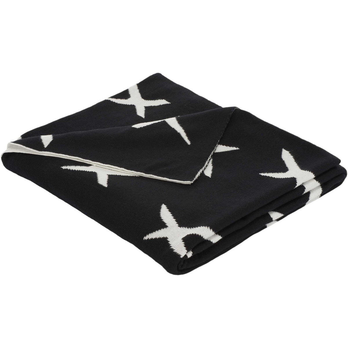 Reversible black and ivory cotton throw with bold X motif and soft, cozy knit || THR404A-5060 || front_angle_studio
