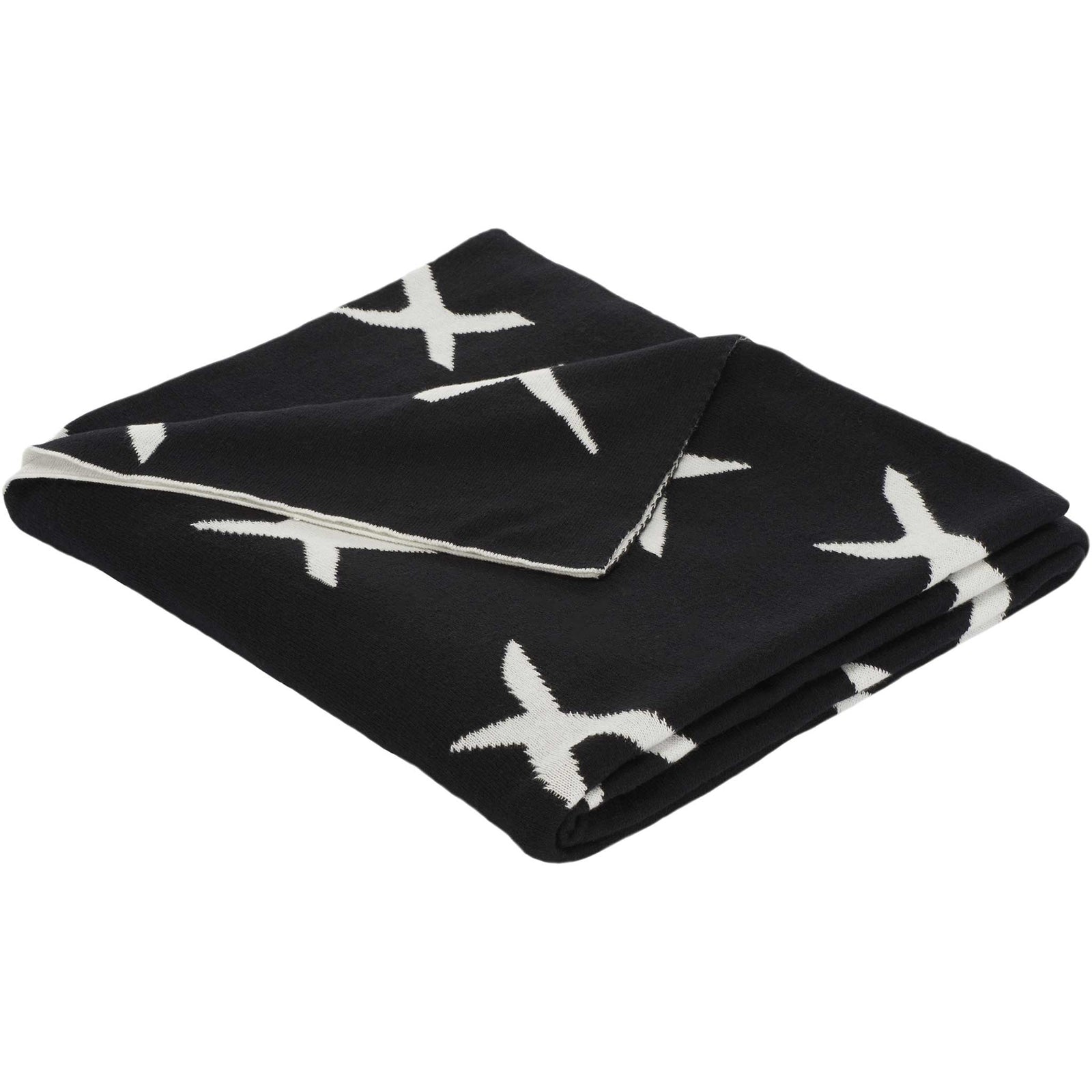 Reversible black and ivory cotton throw with bold X motif and soft, cozy knit || THR404A-5060 || front_angle_studio
