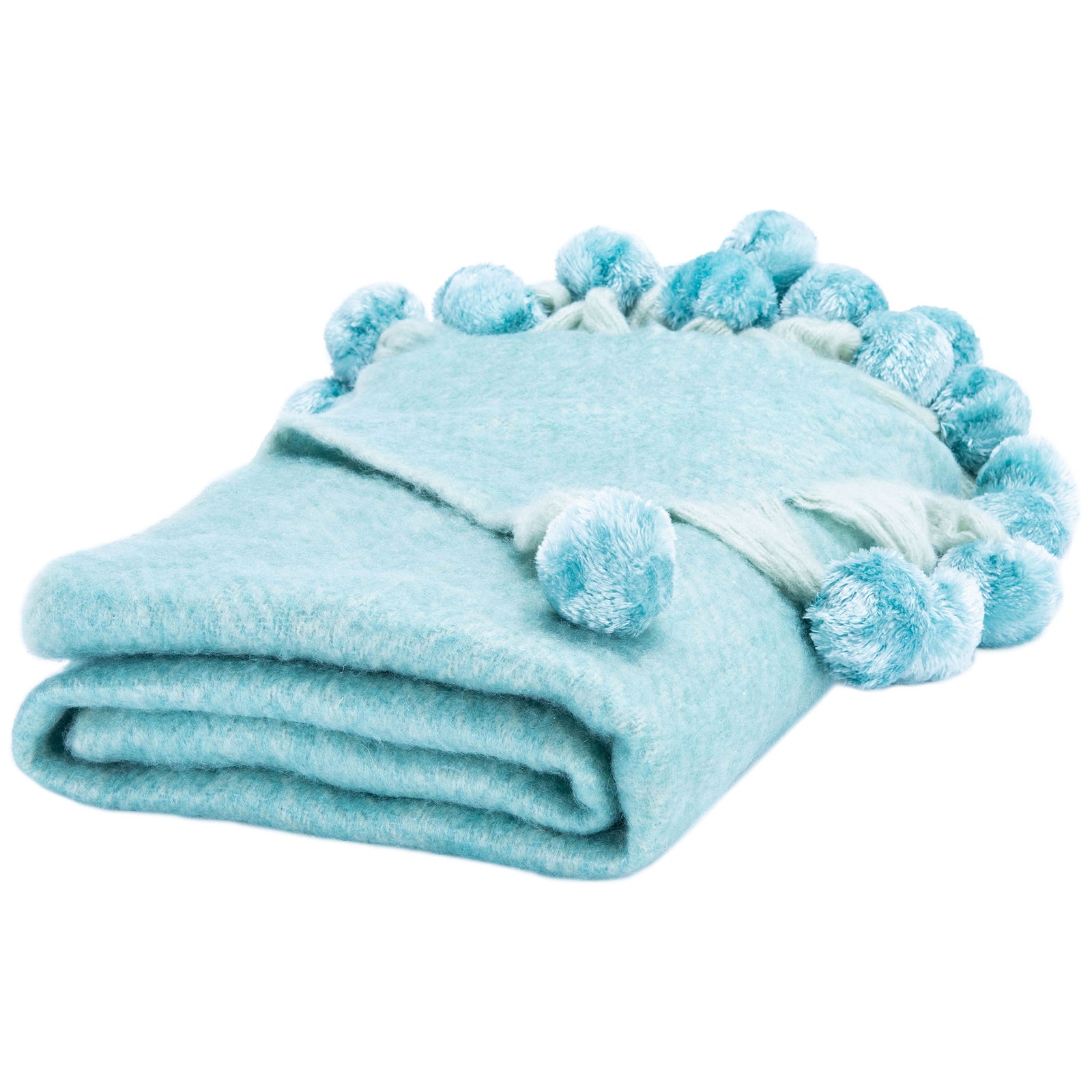 Soft blue throw with a cozy texture and playful pom-pom trim || THR619A-5070 || front_angle_studio