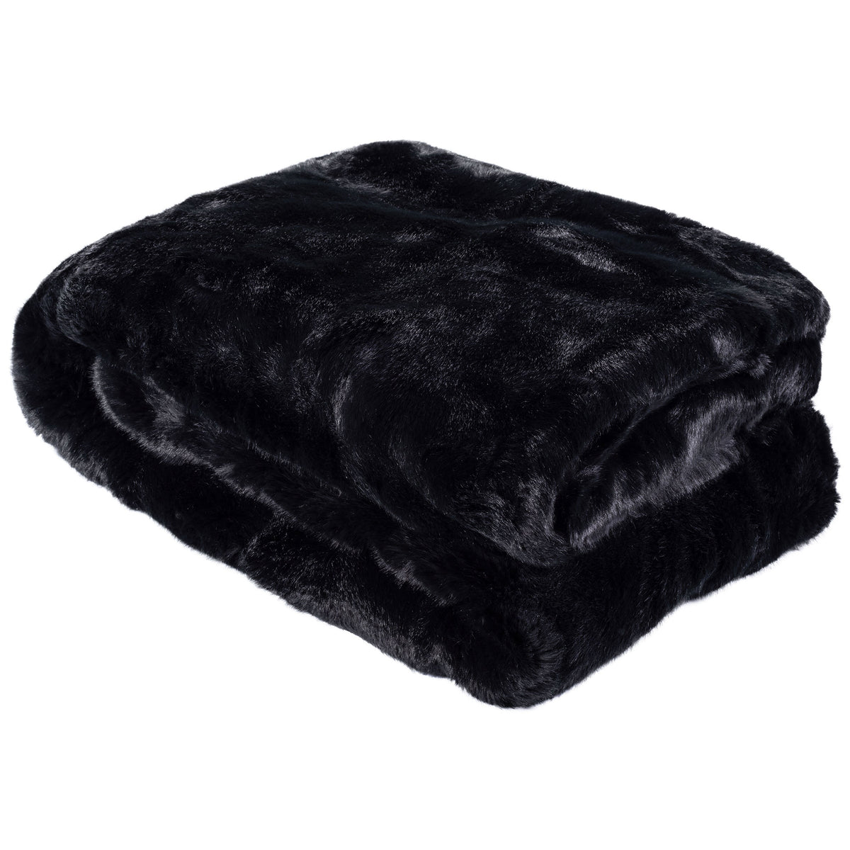 A neatly folded black faux fur throw has a velvety finish. || THR701A-5060 || front_angle_studio