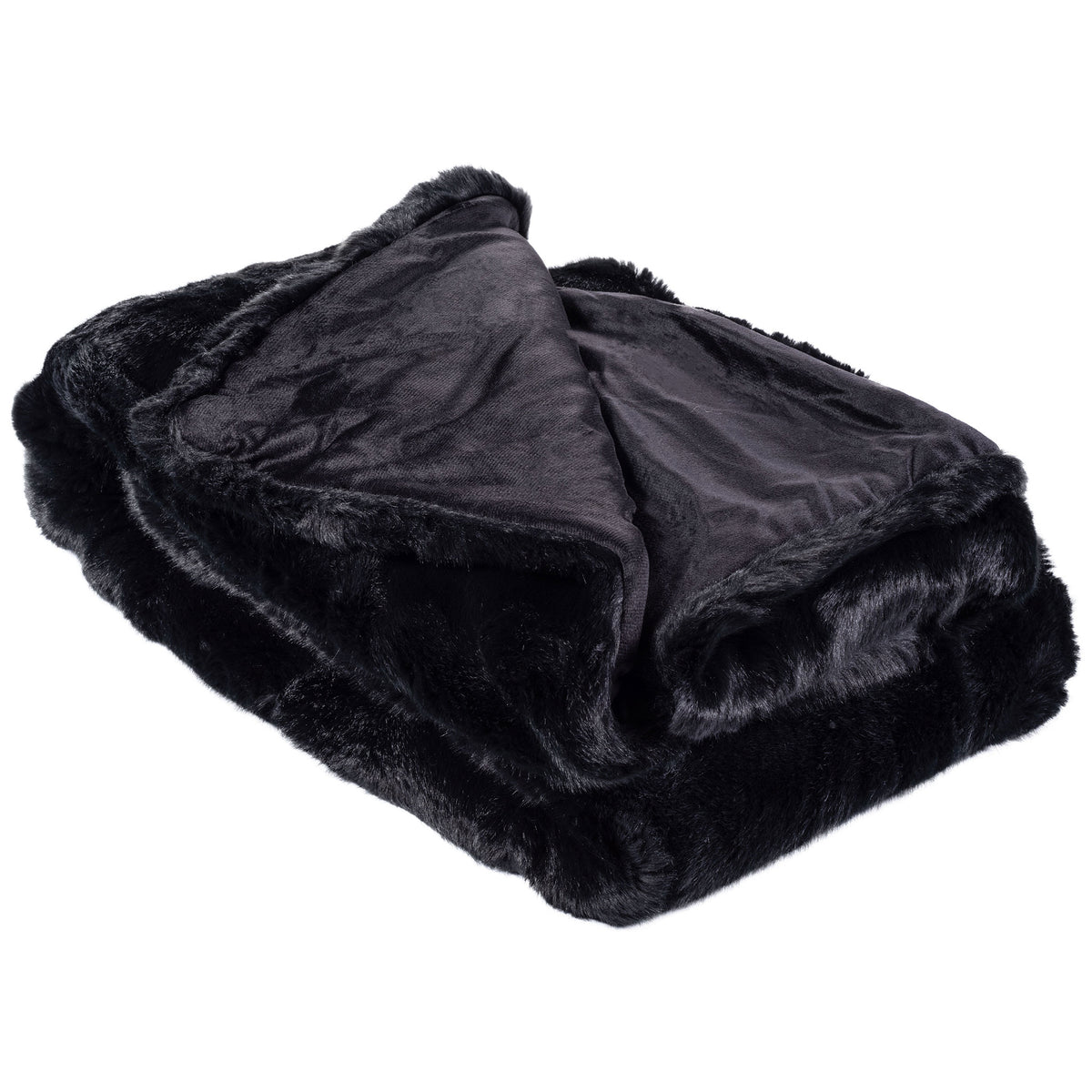 A folded corner reveals the smooth dark backing beneath black faux fur. || THR701A-5060 || front_angle_studio