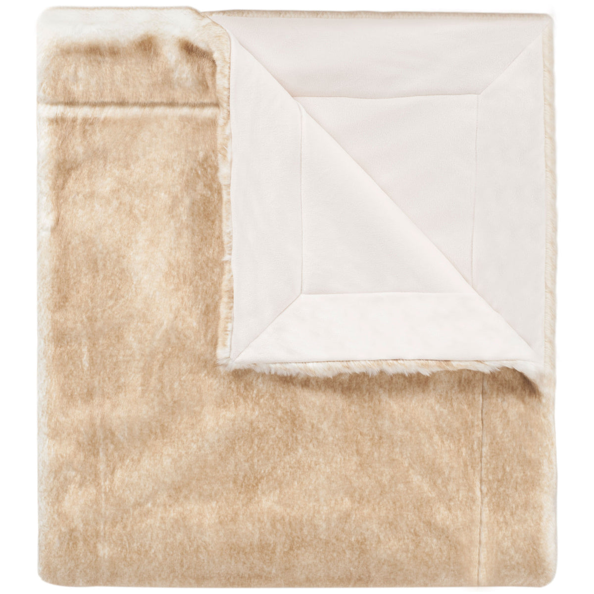 A tan faux fur throw pairs a warm plush surface with a pale smooth backing. || THR702A-5060 || top_studio