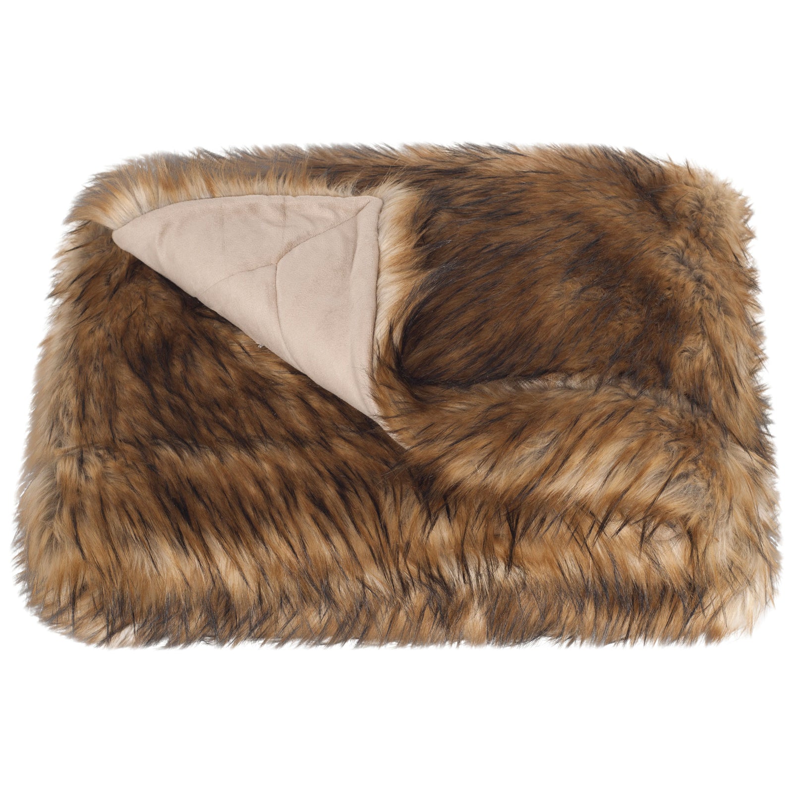 A folded brown faux fur throw reveals its soft beige backing. || THR703A-5060 || top_studio