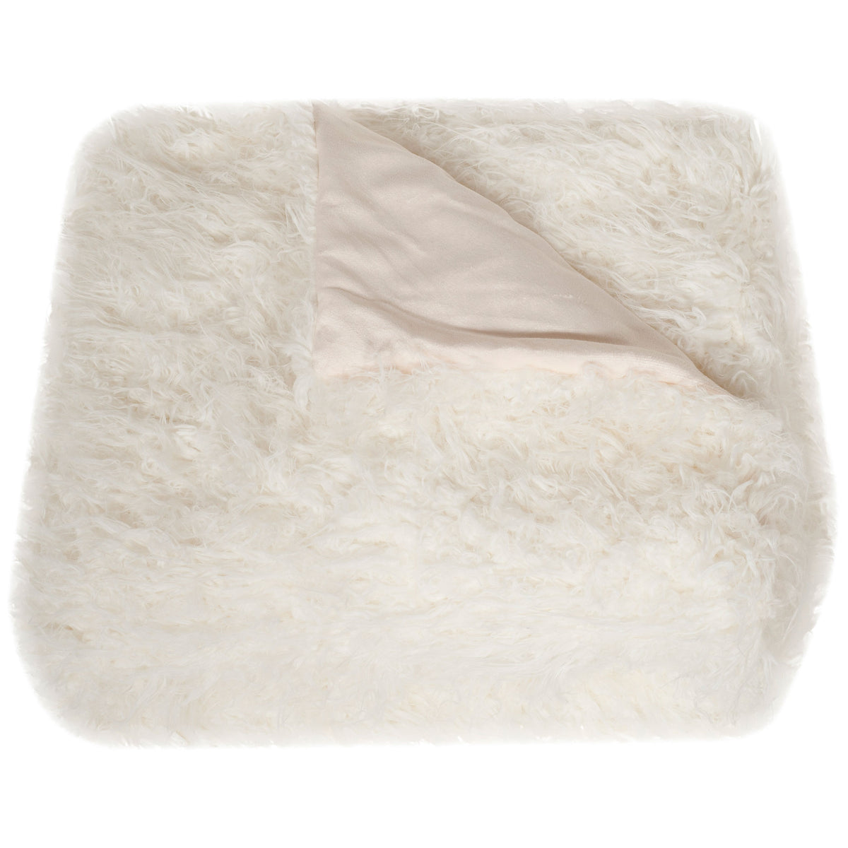 A folded white faux fur throw shows its thick, fluffy pile and smooth, pale backing. || THR704A-5060 || top_angle_studio