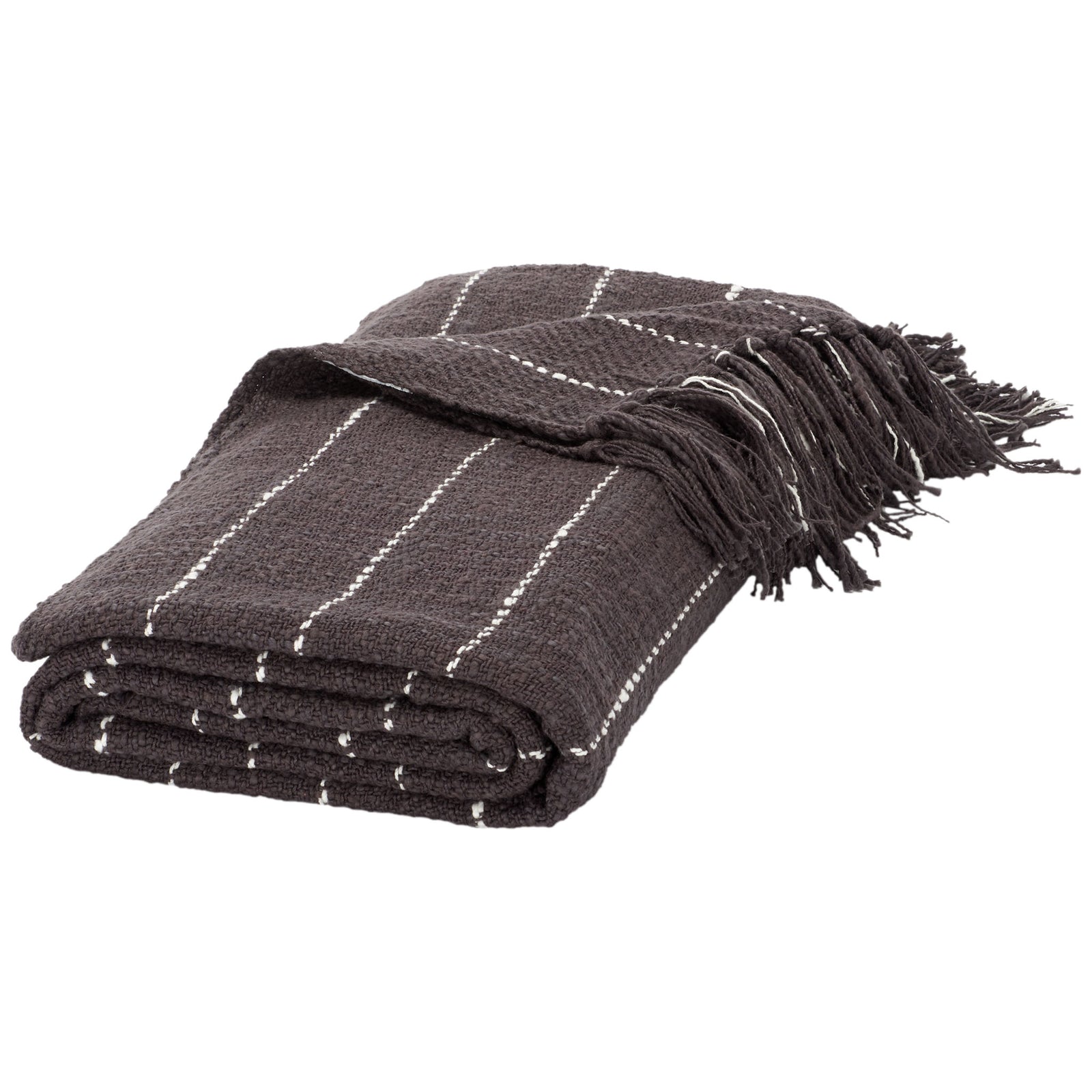 Fine white stripes and generous fringe complement this soft charcoal gray cotton throw. || THR858A-5070 || front_angle_studio